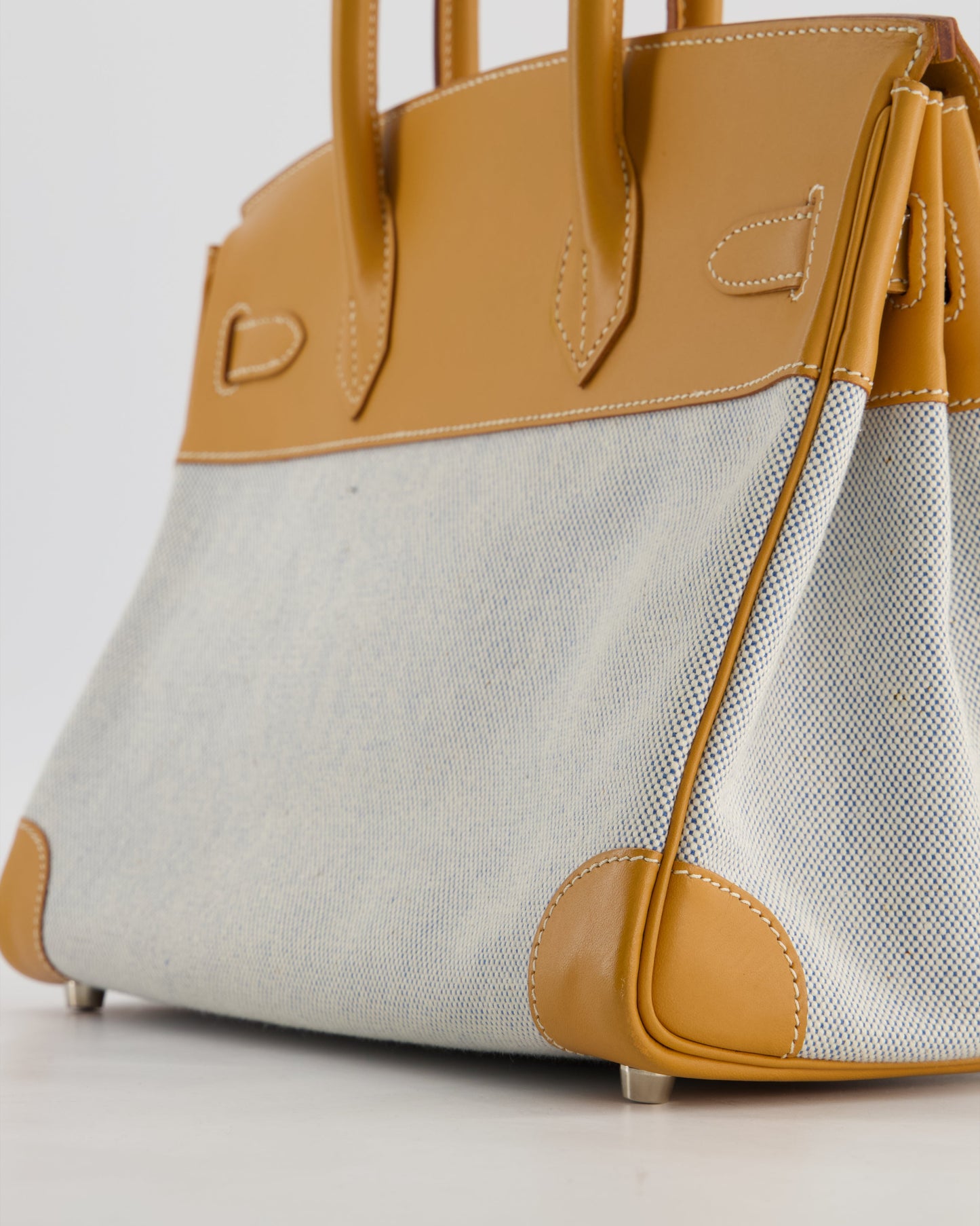 *RARE* Hermes Vintage Birkin 30 Retourne Toile Bag in Natural Sable Vache Naturelle Leather & Écru/Ciel Cross Toile Canvas with Palladium Hardware