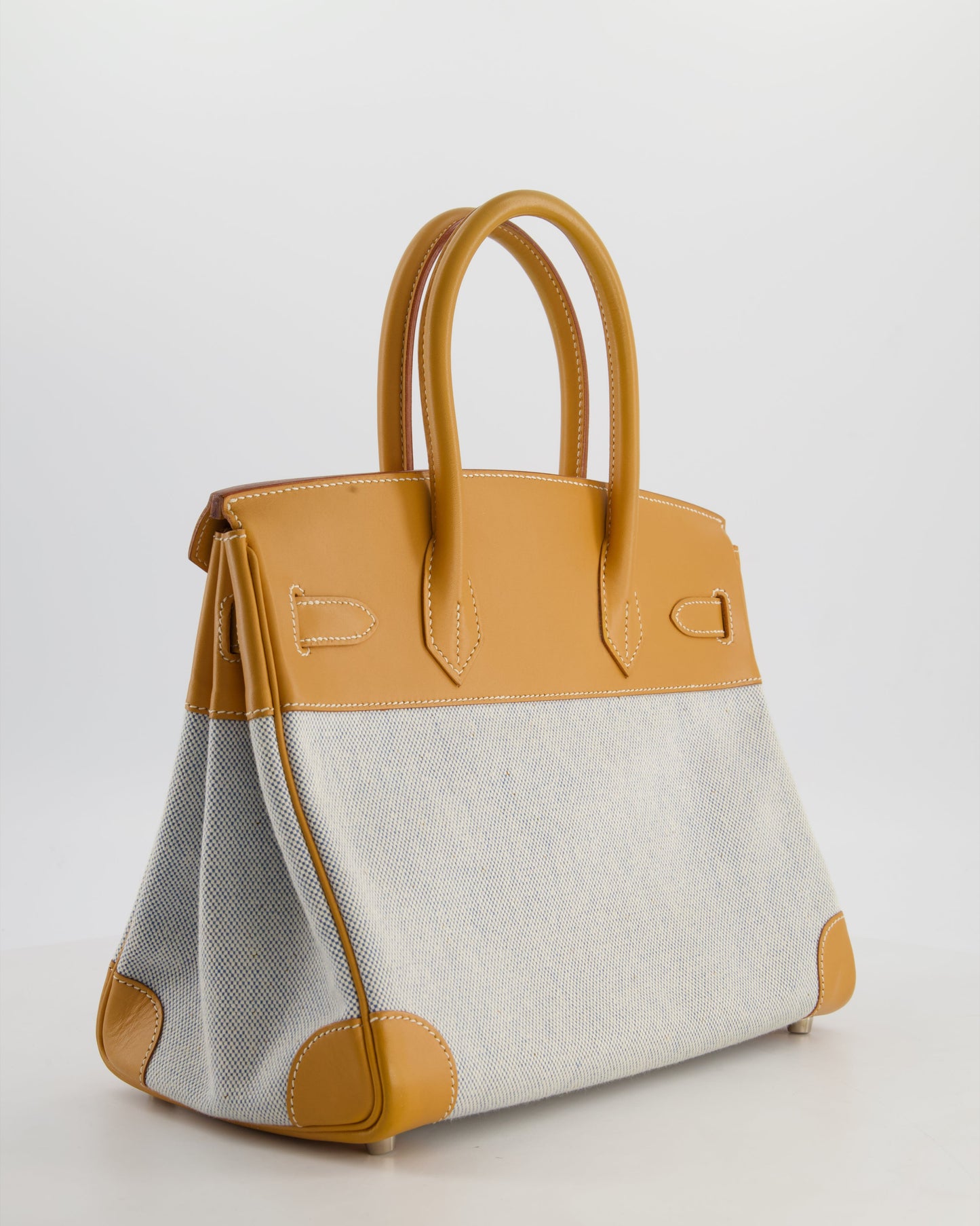 *RARE* Hermes Vintage Birkin 30 Retourne Toile Bag in Natural Sable Vache Naturelle Leather & Écru/Ciel Cross Toile Canvas with Palladium Hardware