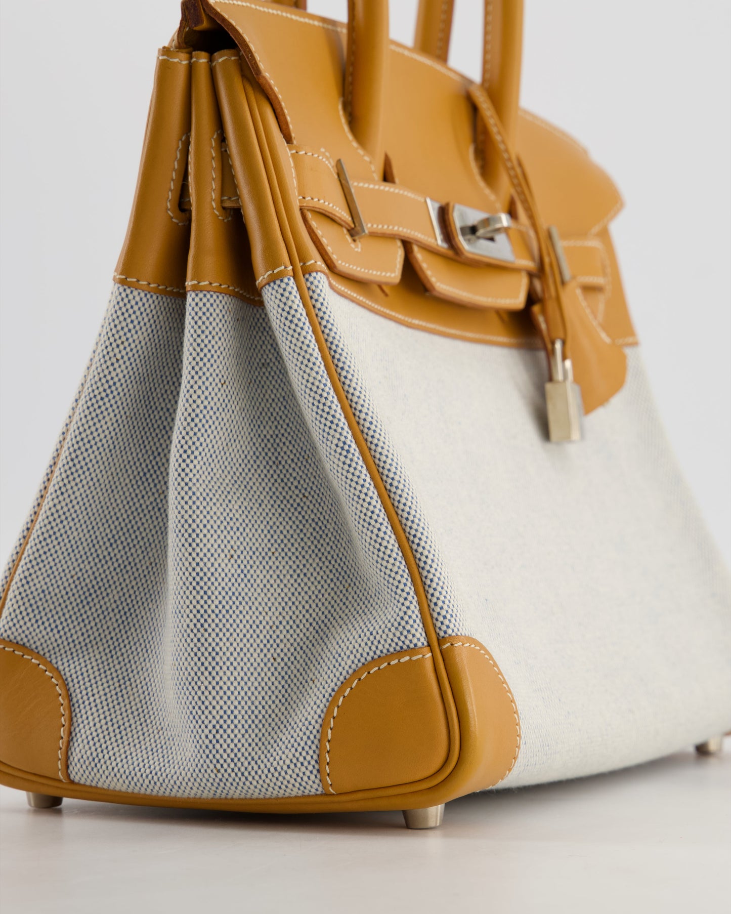 *RARE* Hermes Vintage Birkin 30 Retourne Toile Bag in Natural Sable Vache Naturelle Leather & Écru/Ciel Cross Toile Canvas with Palladium Hardware