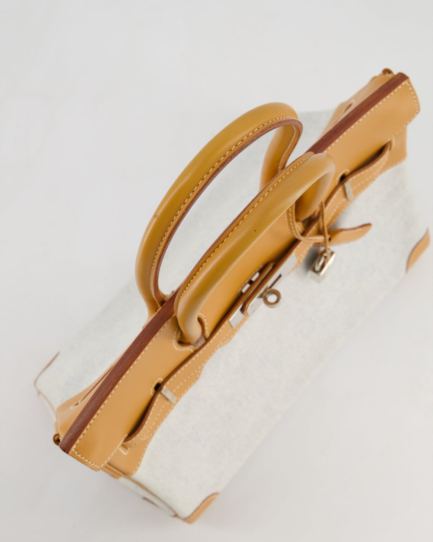 *RARE* Hermes Vintage Birkin 30 Retourne Toile Bag in Natural Sable Vache Naturelle Leather & Écru/Ciel Cross Toile Canvas with Palladium Hardware