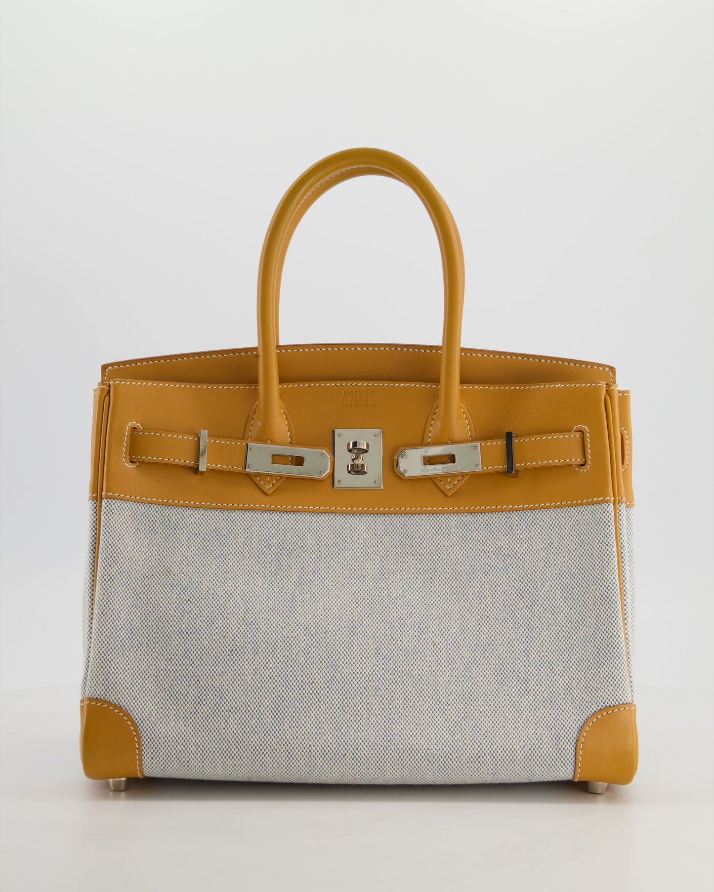 *RARE* Hermes Vintage Birkin 30 Retourne Toile Bag in Natural Sable Vache Naturelle Leather & Écru/Ciel Cross Toile Canvas with Palladium Hardware