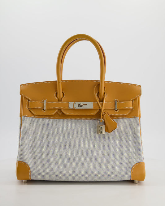 *RARE* Hermes Vintage Birkin 30 Retourne Toile Bag in Natural Sable Vache Naturelle Leather & Écru/Ciel Cross Toile Canvas with Palladium Hardware