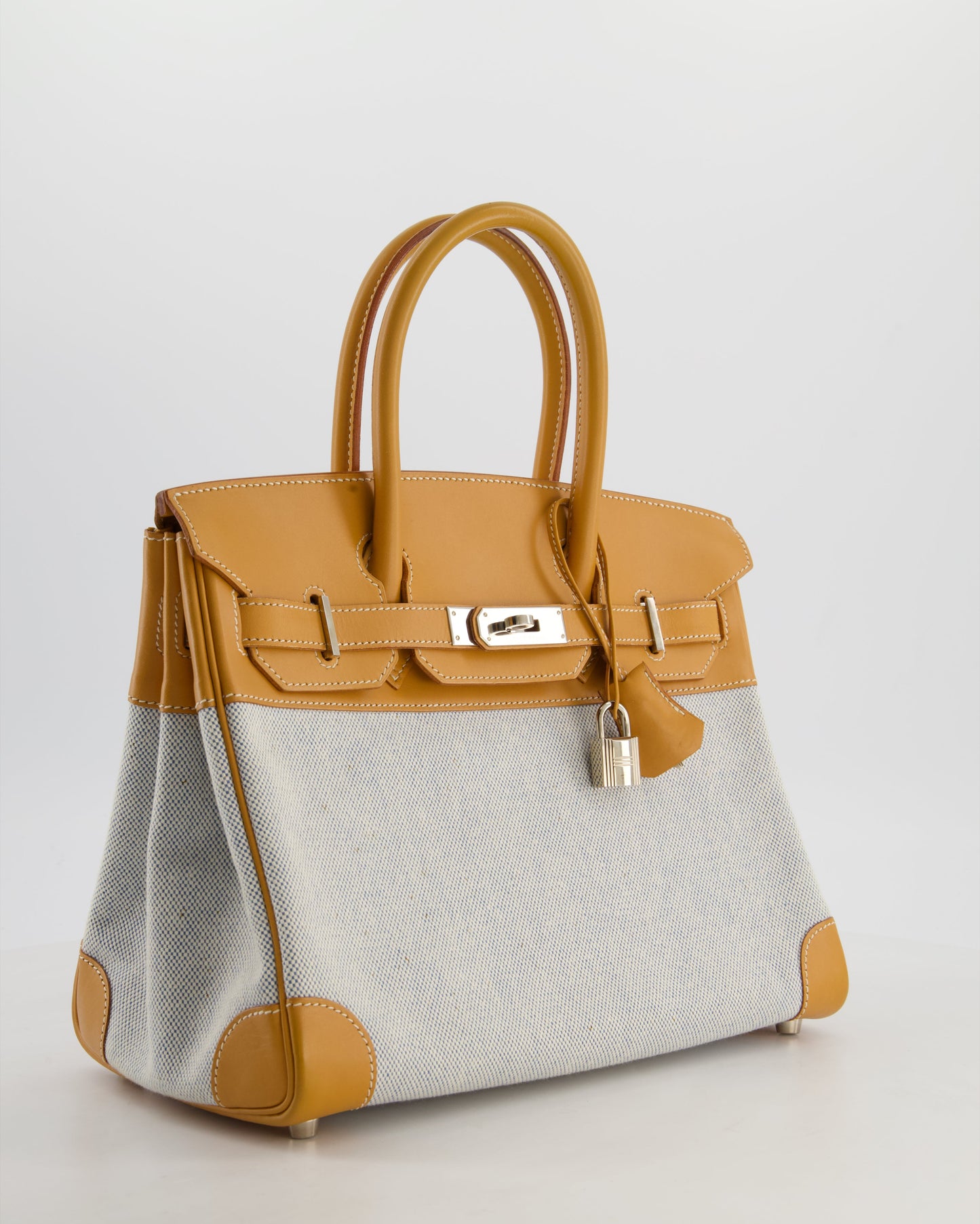 *RARE* Hermes Vintage Birkin 30 Retourne Toile Bag in Natural Sable Vache Naturelle Leather & Écru/Ciel Cross Toile Canvas with Palladium Hardware