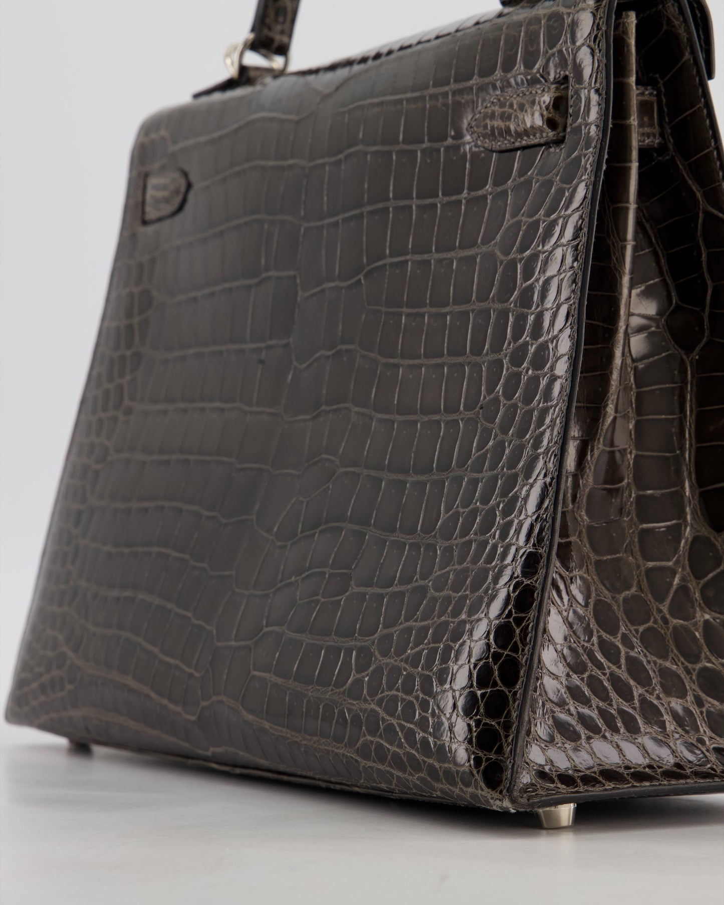 Hermes Vintage Kelly 32 Sellier Bag in Graphite Shiny Porosus Crocodile Leather with Palladium Hardware