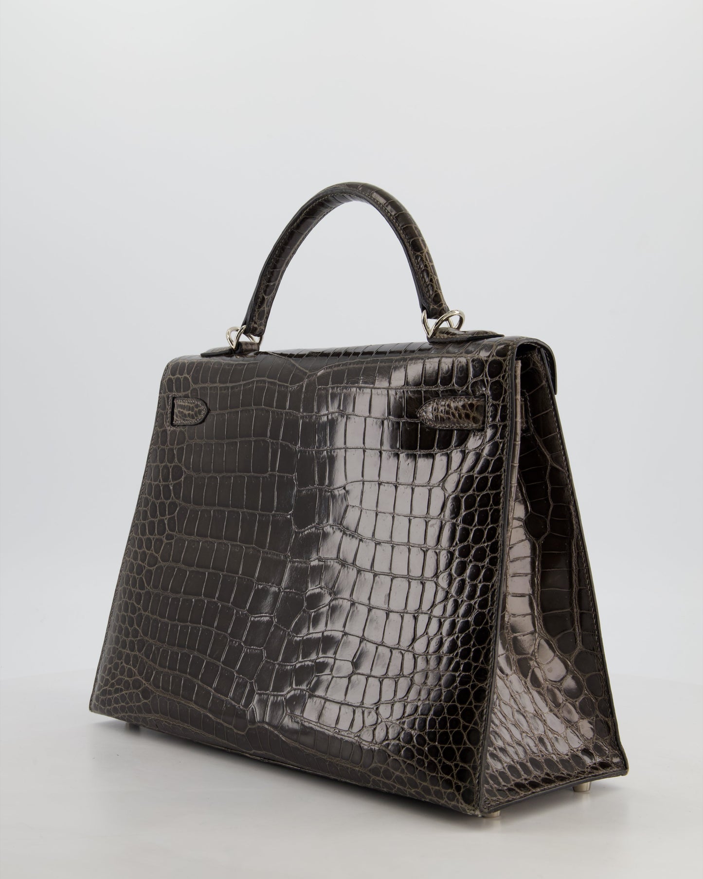 Hermes Vintage Kelly 32 Sellier Bag in Graphite Shiny Porosus Crocodile Leather with Palladium Hardware