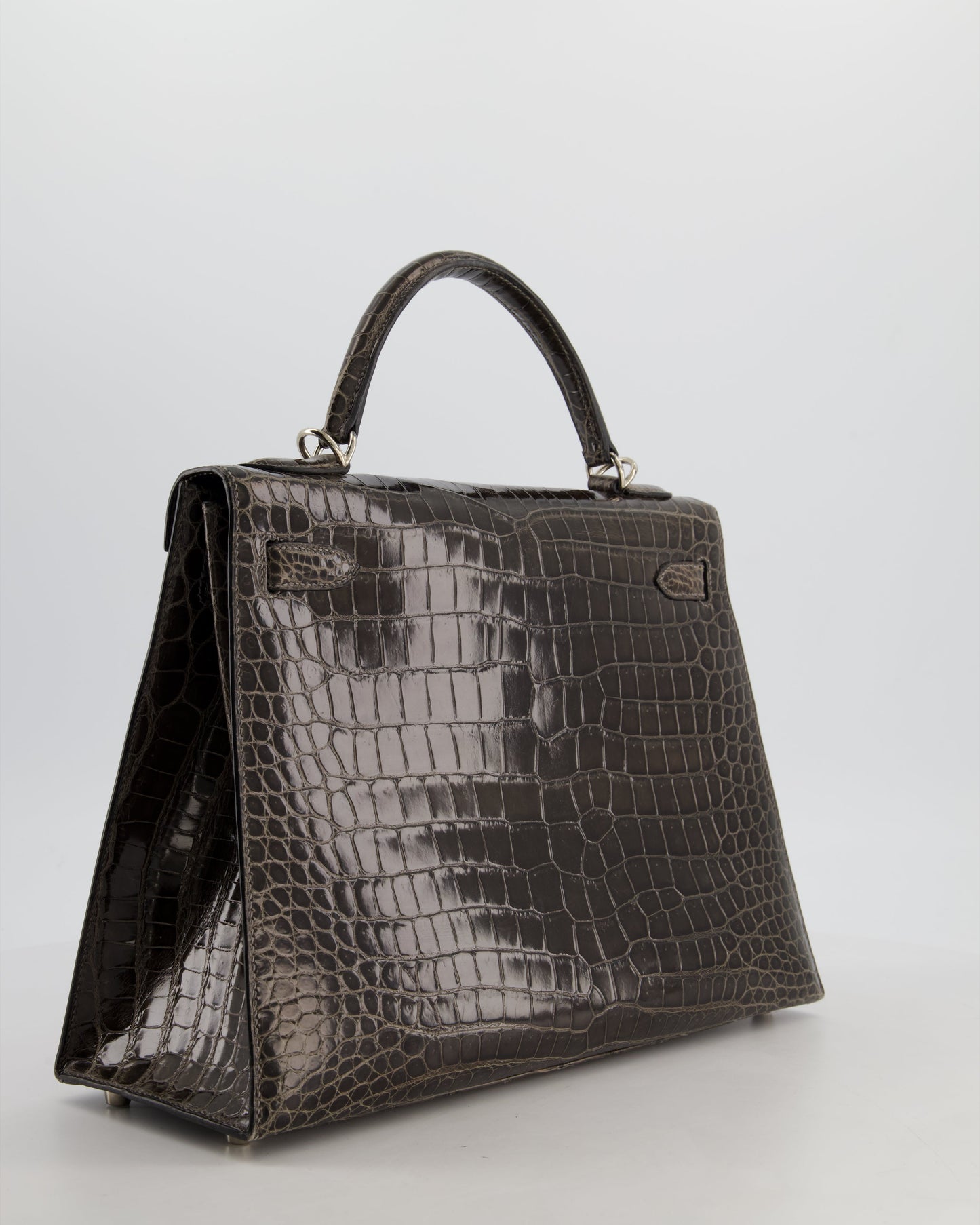 Hermes Vintage Kelly 32 Sellier Bag in Graphite Shiny Porosus Crocodile Leather with Palladium Hardware