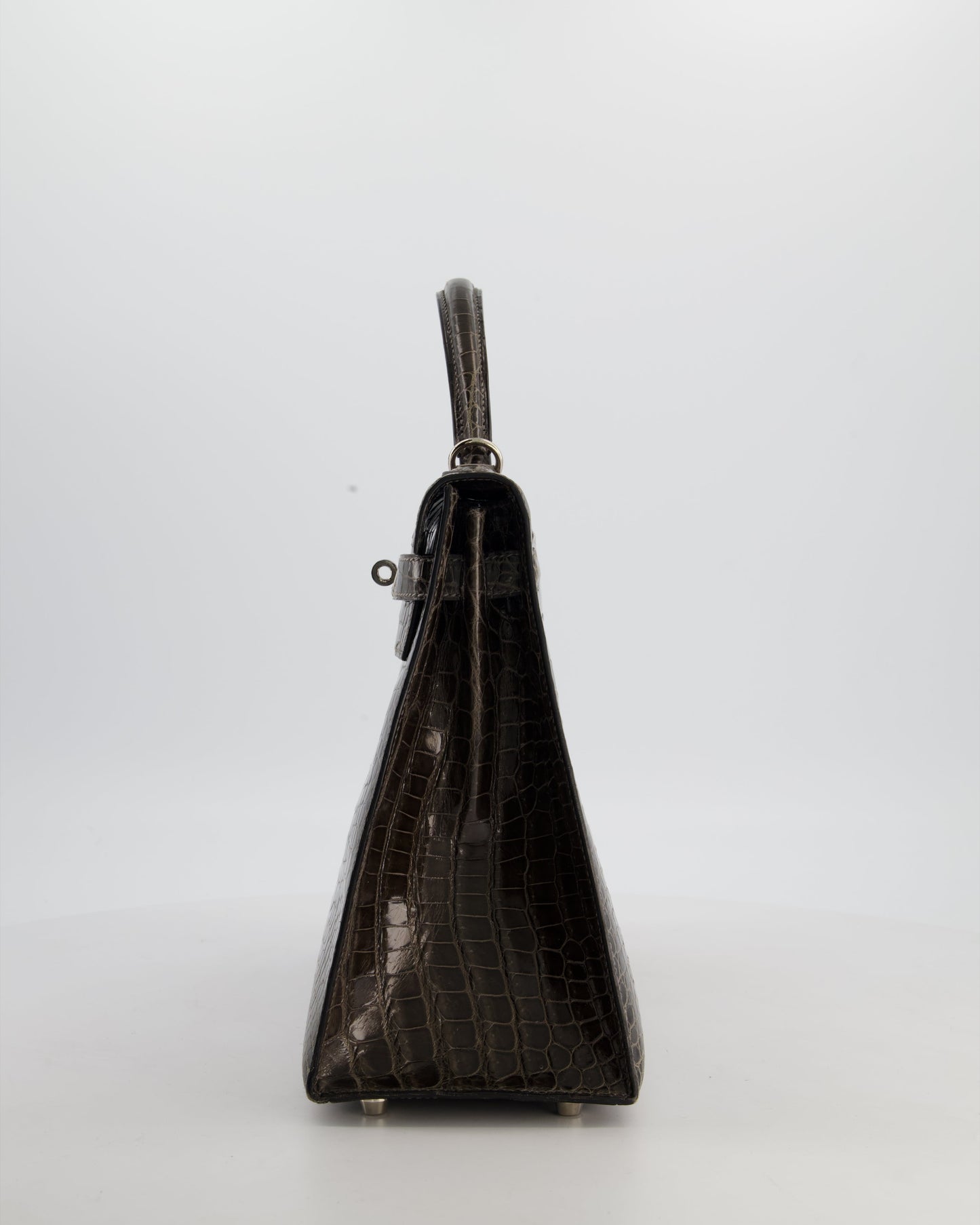 Hermes Vintage Kelly 32 Sellier Bag in Graphite Shiny Porosus Crocodile Leather with Palladium Hardware