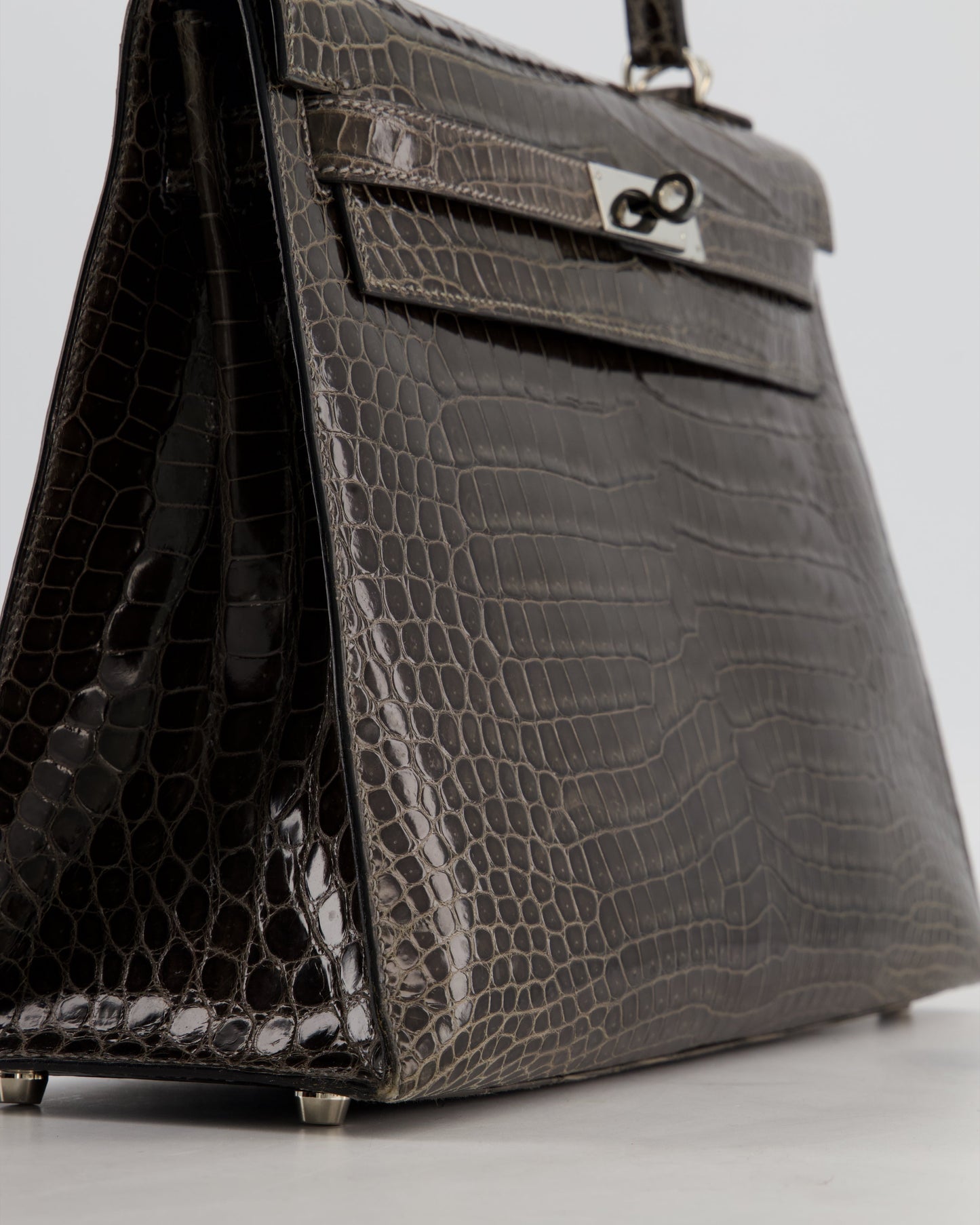 Hermes Vintage Kelly 32 Sellier Bag in Graphite Shiny Porosus Crocodile Leather with Palladium Hardware