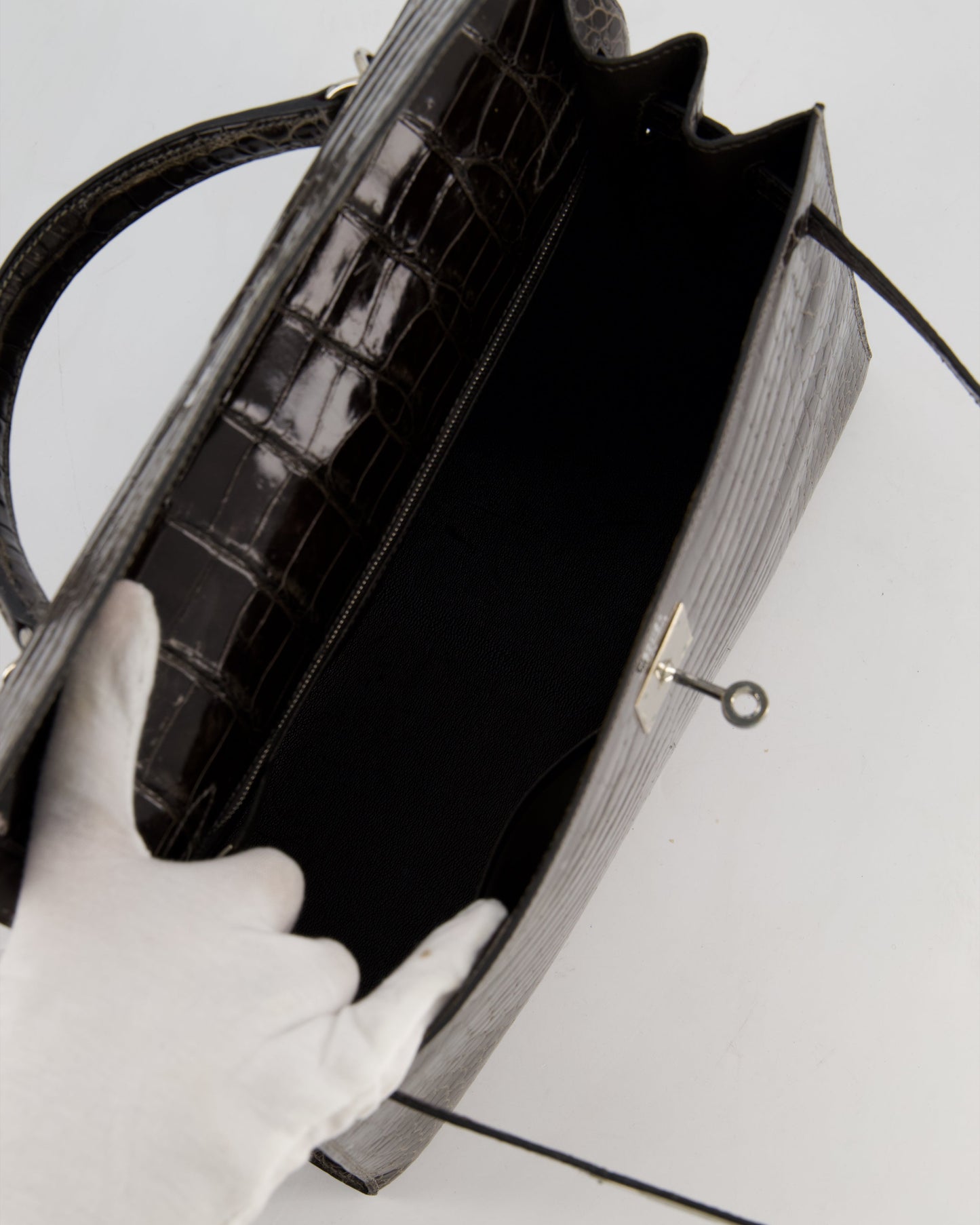 Hermes Vintage Kelly 32 Sellier Bag in Graphite Shiny Porosus Crocodile Leather with Palladium Hardware
