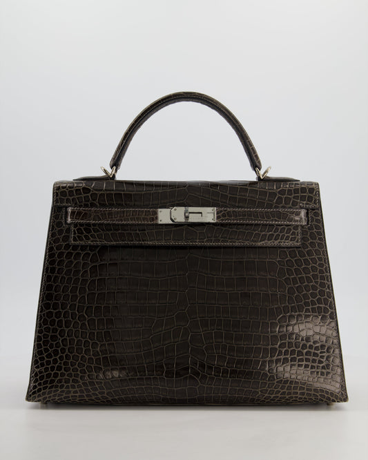 Hermes Vintage Kelly 32 Sellier Bag in Graphite Shiny Porosus Crocodile Leather with Palladium Hardware