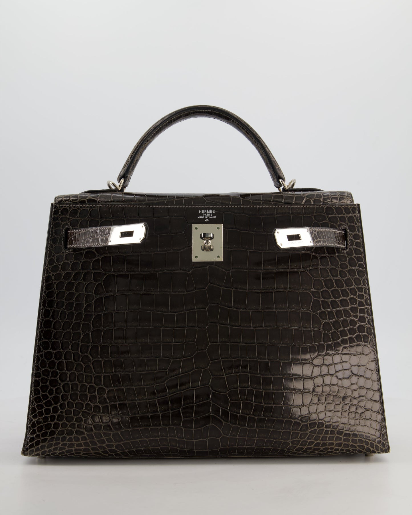 Hermes Vintage Kelly 32 Sellier Bag in Graphite Shiny Porosus Crocodile Leather with Palladium Hardware