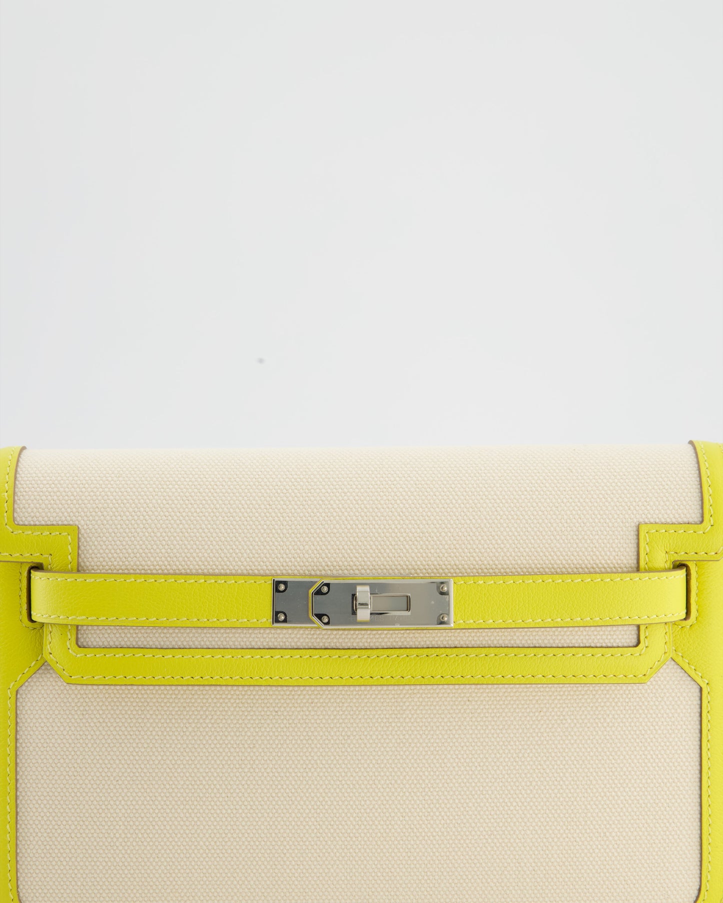 Hermes Kelly Depeches 25 Verso Bag in Ecru Canvas and Jaune Citron Chèvre with Palladium Hardware