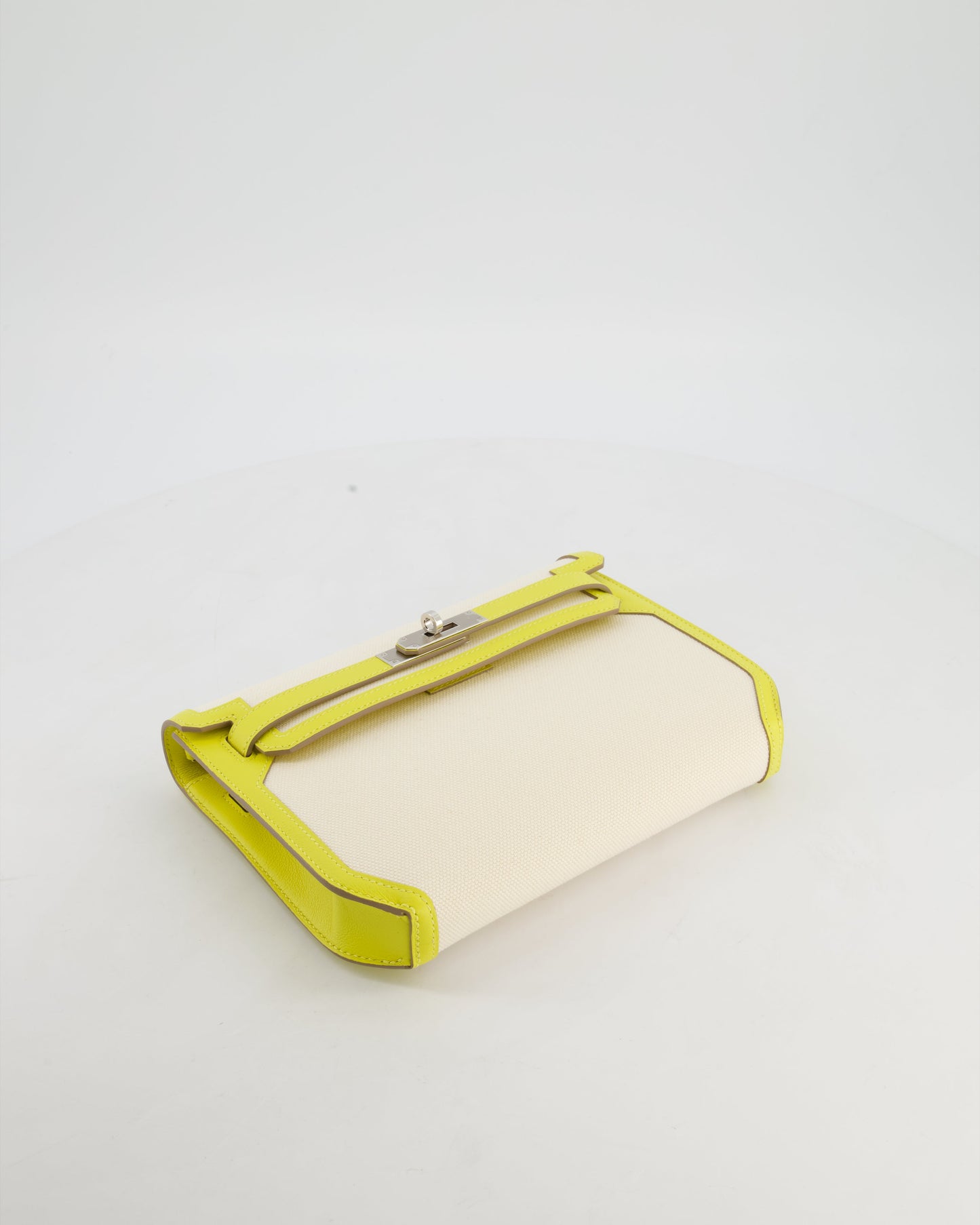 Hermes Kelly Depeches 25 Verso Bag in Ecru Canvas and Jaune Citron Chèvre with Palladium Hardware