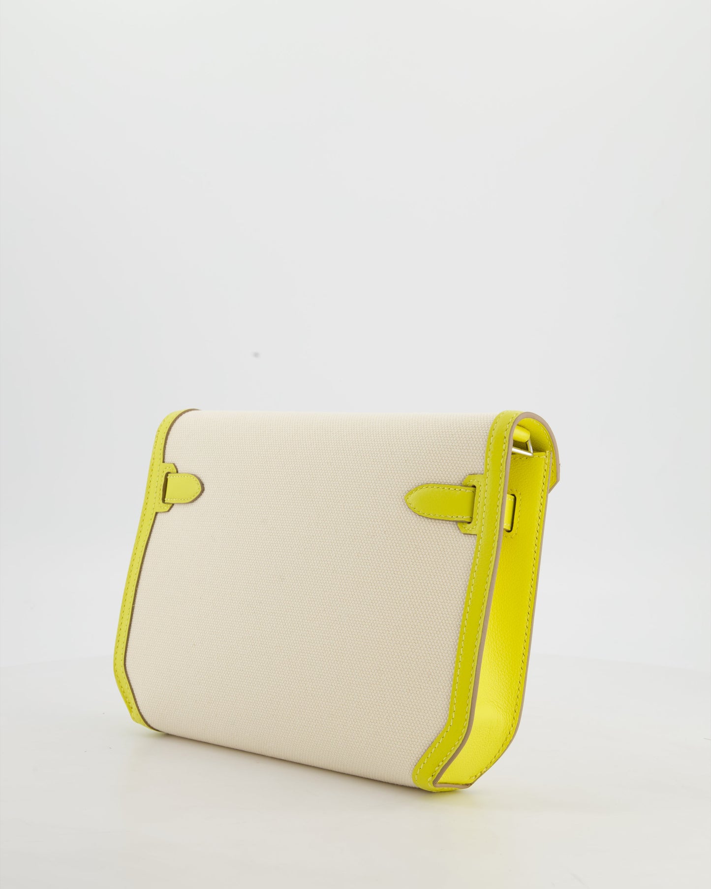 Hermes Kelly Depeches 25 Verso Bag in Ecru Canvas and Jaune Citron Chèvre with Palladium Hardware