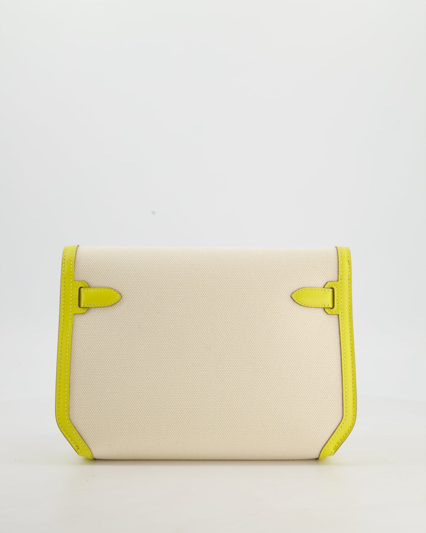 Hermes Kelly Depeches 25 Verso Bag in Ecru Canvas and Jaune Citron Chèvre with Palladium Hardware