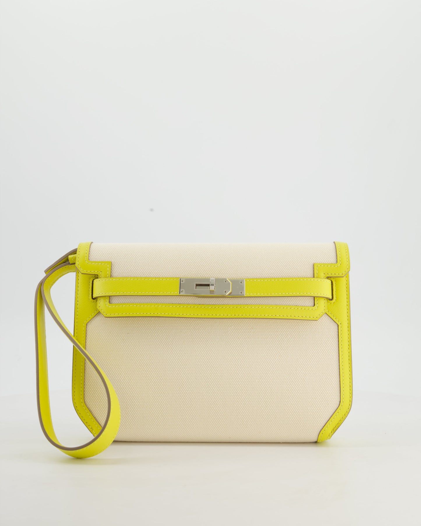 Hermes Kelly Depeches 25 Verso Bag in Ecru Canvas and Jaune Citron Chèvre with Palladium Hardware