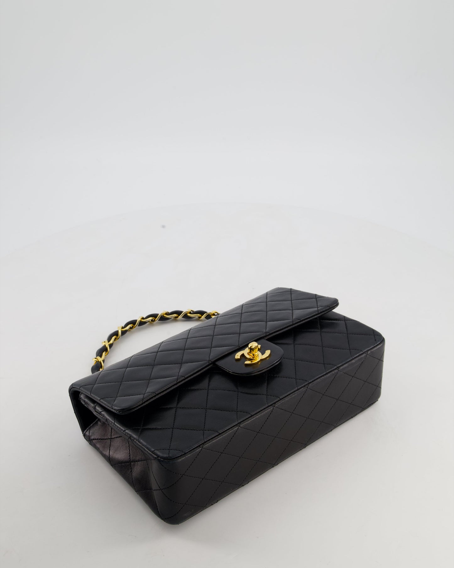 *RARE* Chanel Black Vintage Medium Single Flap Bag in Lambskin Leather with 24K Gold Chain Top Handle