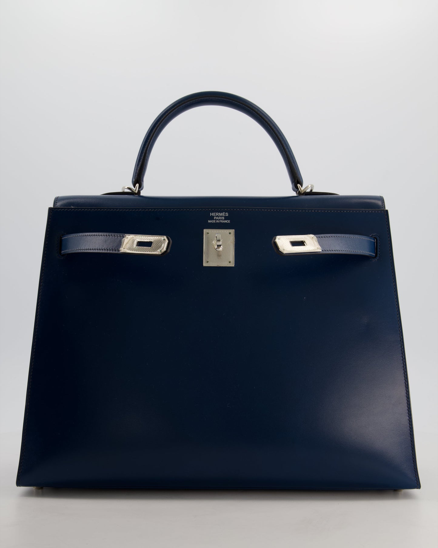 *VERY RARE* Hermes Kelly 35 Sellier Bag in Bleu De Prusse Box Calf Leather with Guilloche Palladium Hardware
