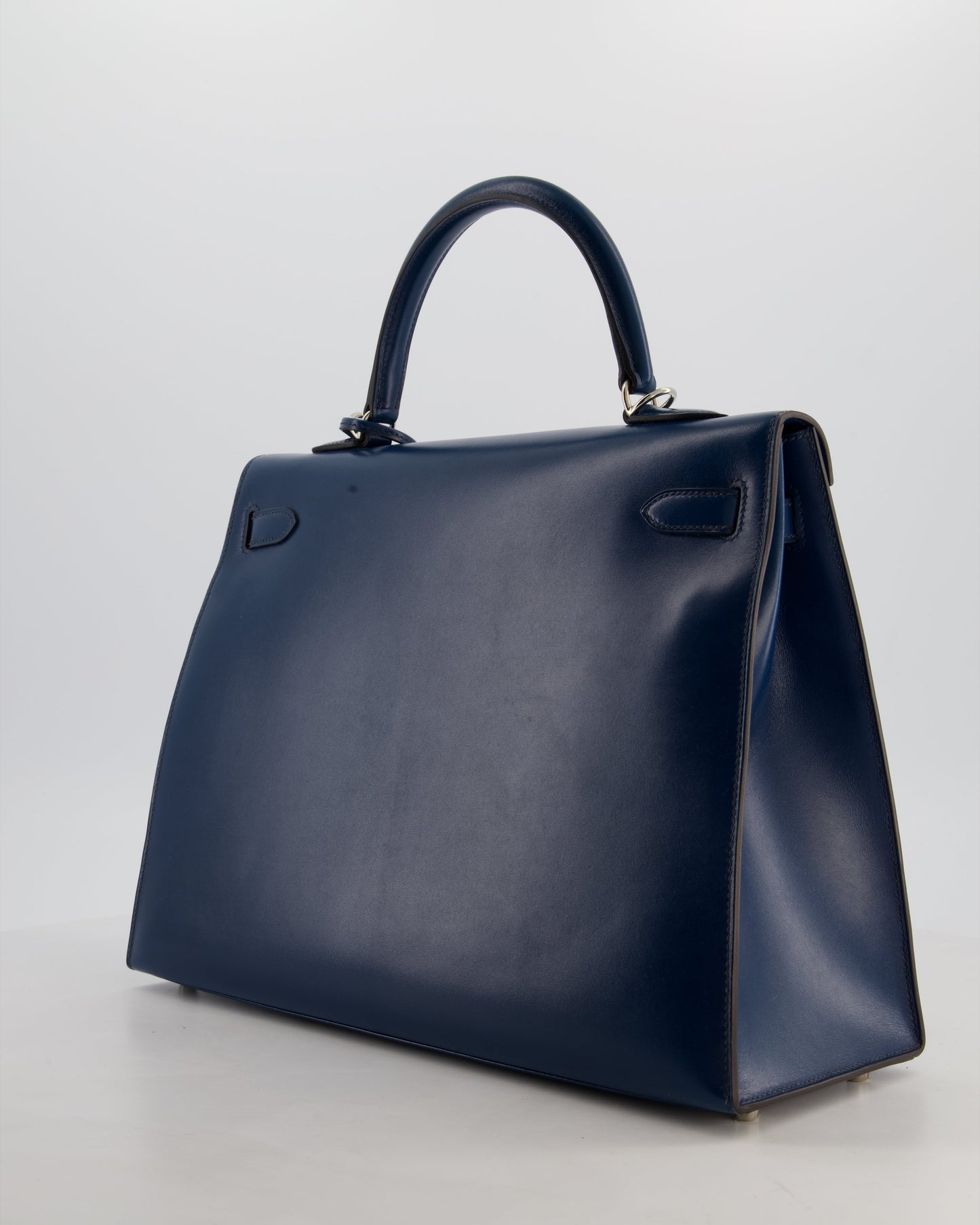 *VERY RARE* Hermes Kelly 35 Sellier Bag in Bleu De Prusse Box Calf Leather with Guilloche Palladium Hardware
