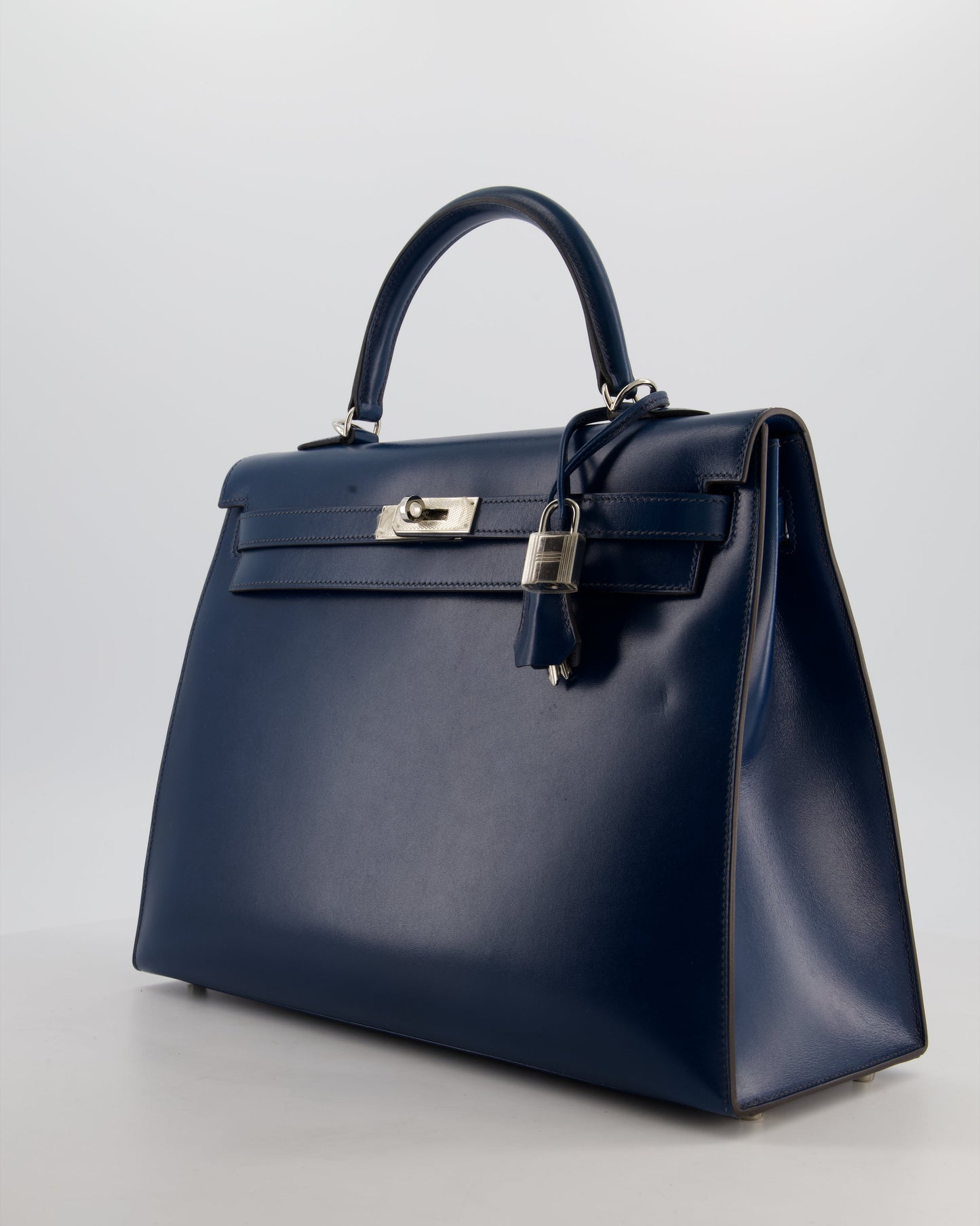 *VERY RARE* Hermes Kelly 35 Sellier Bag in Bleu De Prusse Box Calf Leather with Guilloche Palladium Hardware