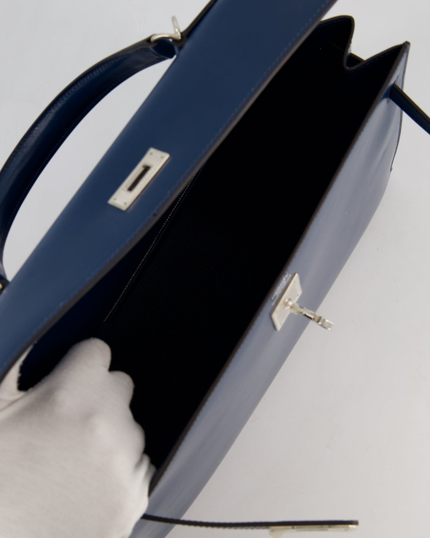 *VERY RARE* Hermes Kelly 35 Sellier Bag in Bleu De Prusse Box Calf Leather with Guilloche Palladium Hardware