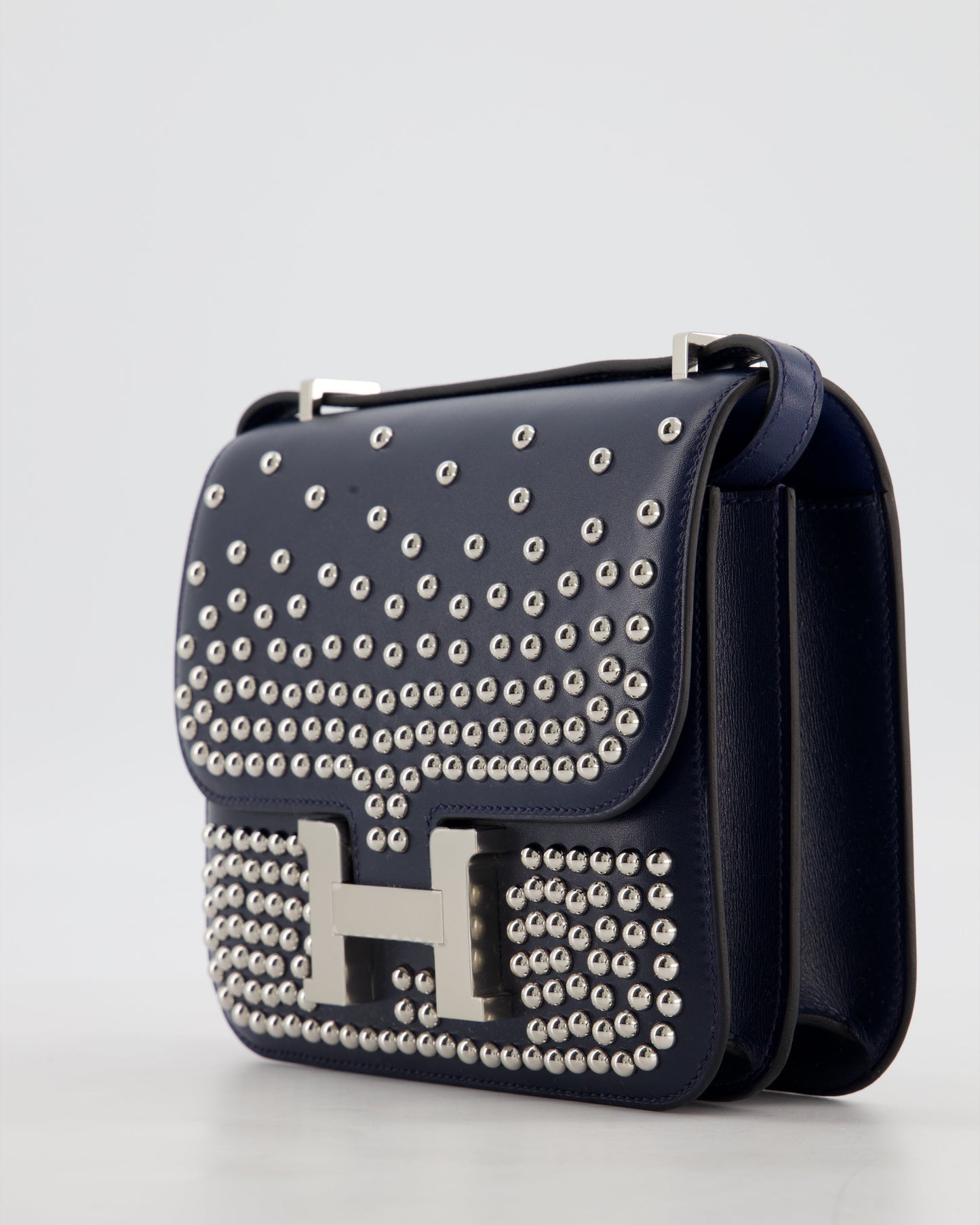 *LIMITED EDITION* Hermes Mini Constance Clouté III Miroir 18 Bag in Bleu Abysse Calfskin Box Leather with Palladium Hardware