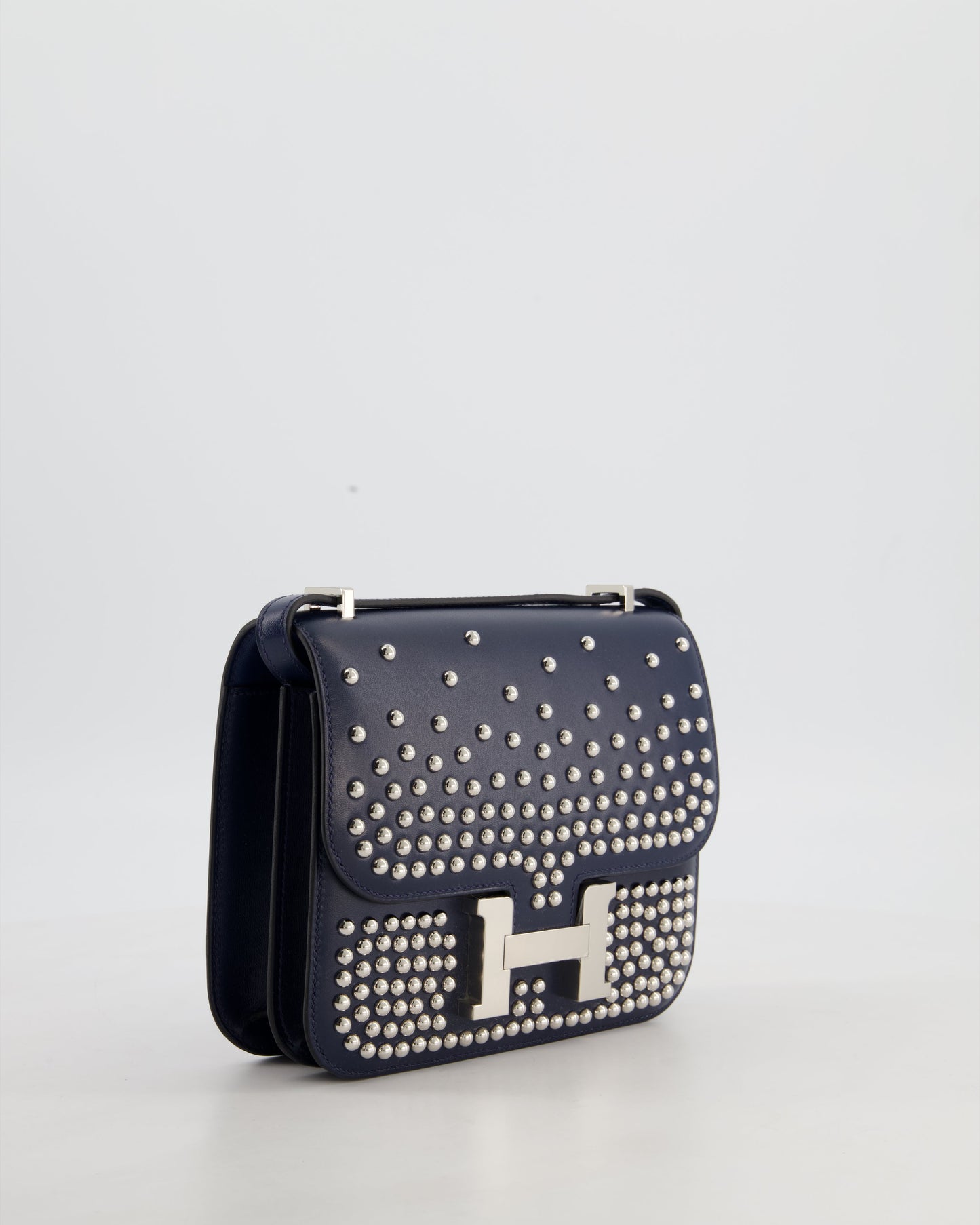 *LIMITED EDITION* Hermes Mini Constance Clouté III Miroir 18 Bag in Bleu Abysse Calfskin Box Leather with Palladium Hardware