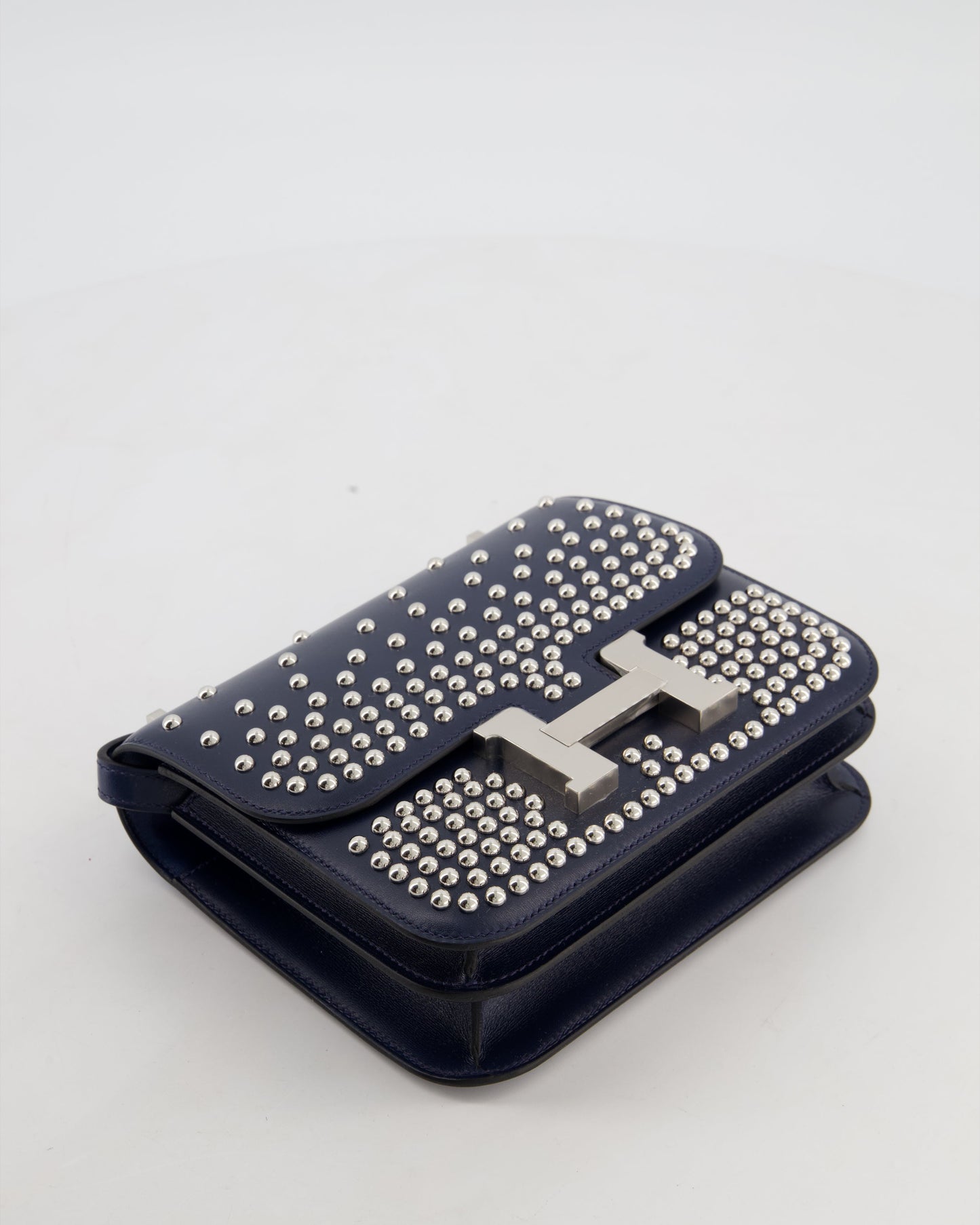 *LIMITED EDITION* Hermes Mini Constance Clouté III Miroir 18 Bag in Bleu Abysse Calfskin Box Leather with Palladium Hardware