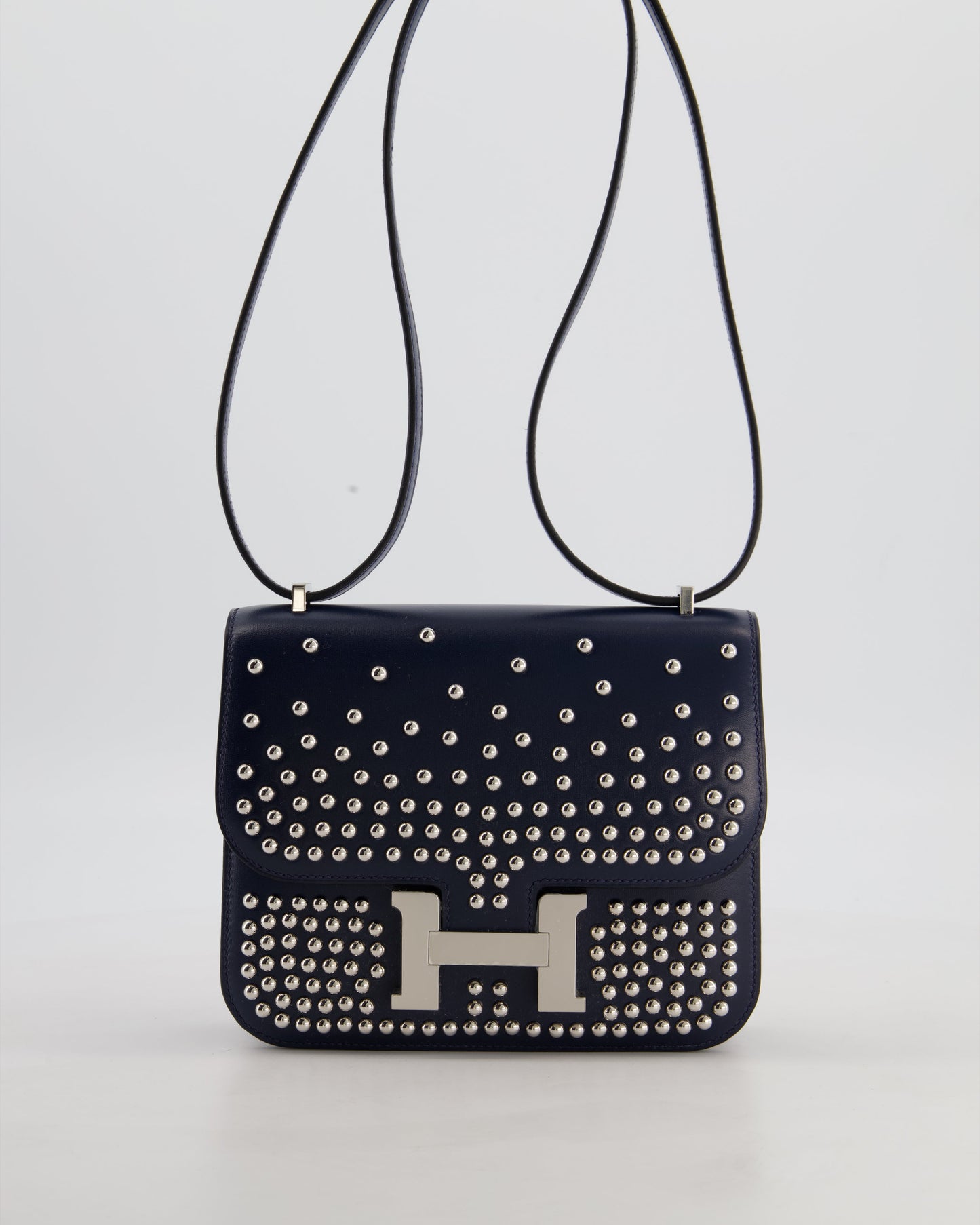 *LIMITED EDITION* Hermes Mini Constance Clouté III Miroir 18 Bag in Bleu Abysse Calfskin Box Leather with Palladium Hardware