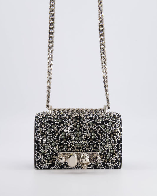 Alexander Mcqueen Black Crystal Embelished Suede Shoulder Bag with Skull and Spike Details
