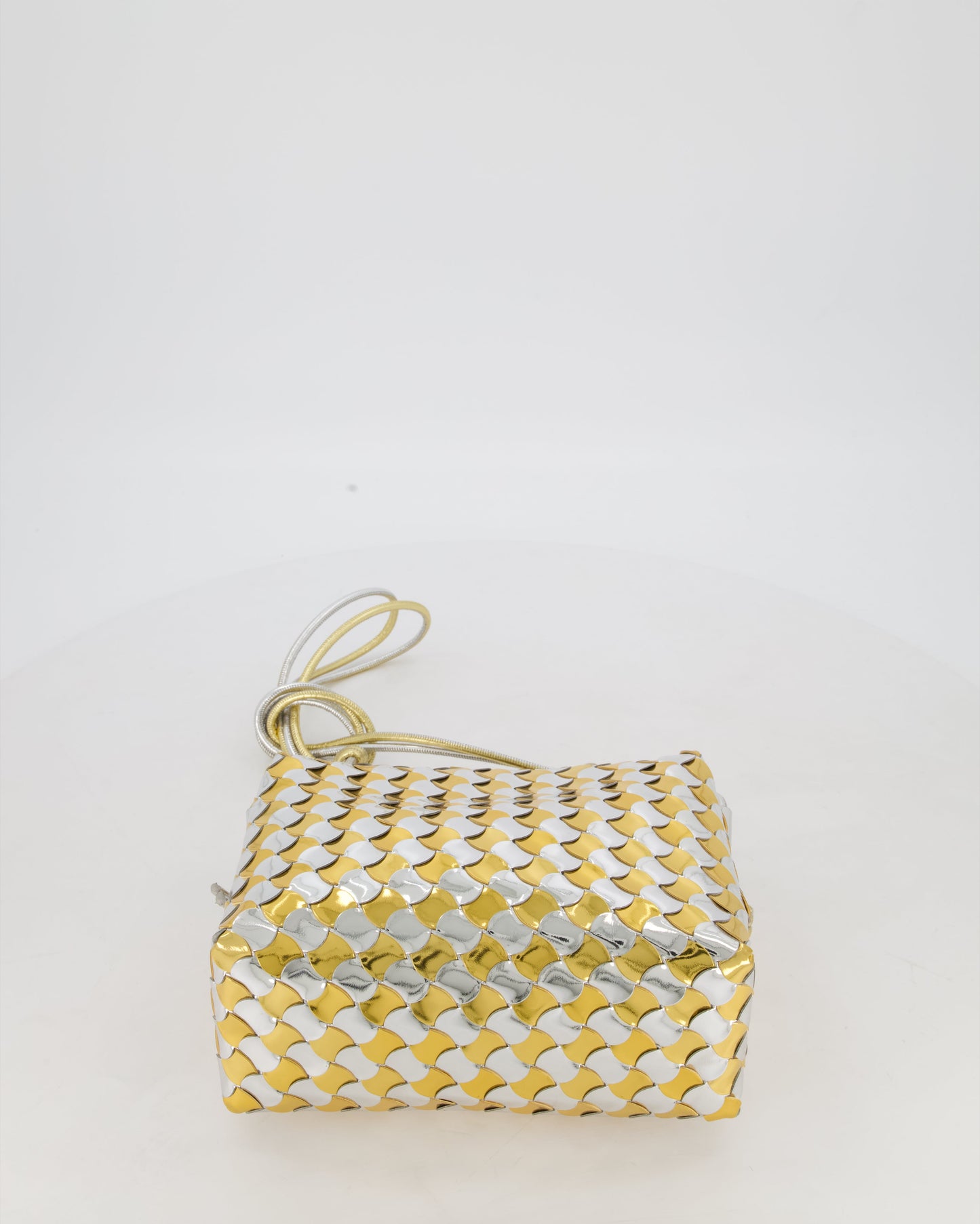 Bottega Veneta Silver & Gold Metallic Medium Loop Intrecciato Camera Bag in Patent Leather with Gold Hardware