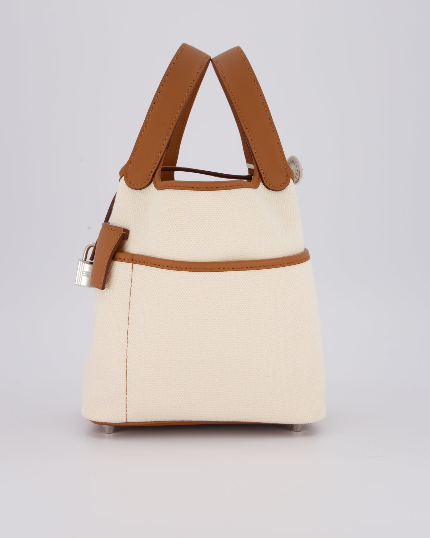 *HOT* Hermes Picotin 18 Lock Cargo Bag in Ecru Canvas & Gold Swift Leather with Palladium Hardware