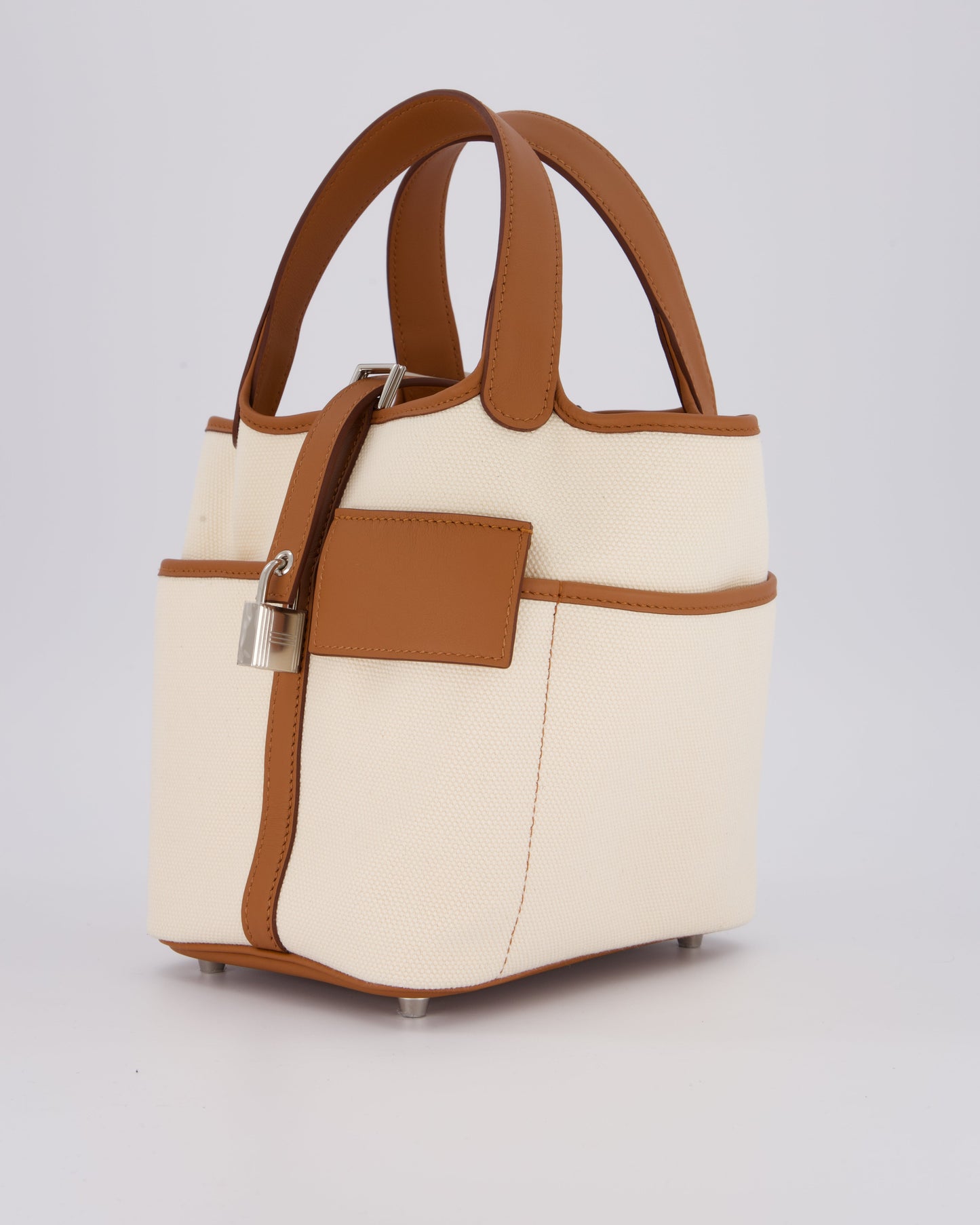 *HOT* Hermes Picotin 18 Lock Cargo Bag in Ecru Canvas & Gold Swift Leather with Palladium Hardware
