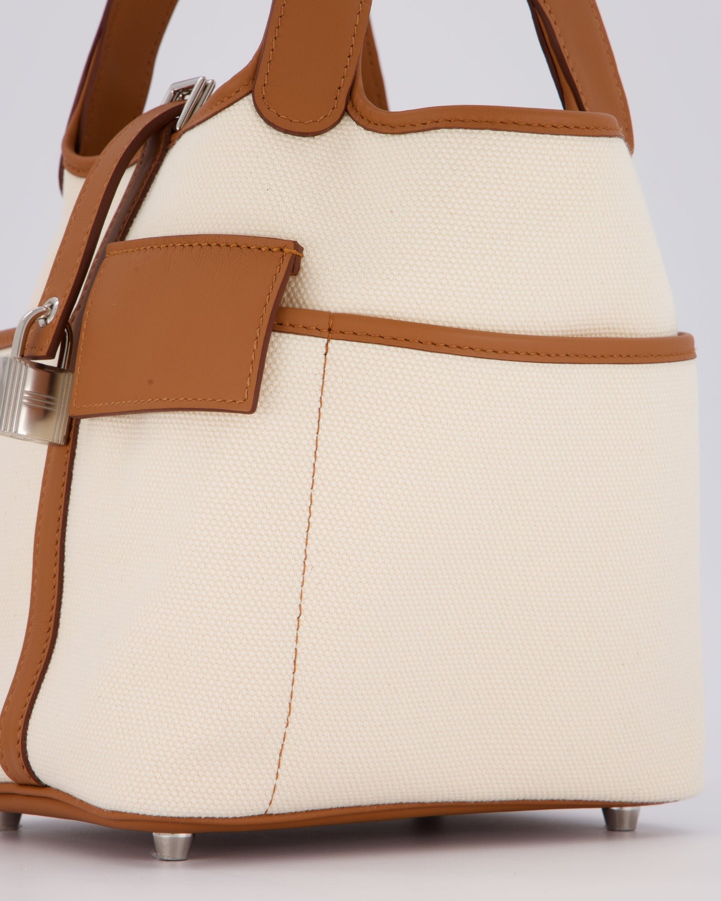 *HOT* Hermes Picotin 18 Lock Cargo Bag in Ecru Canvas & Gold Swift Leather with Palladium Hardware