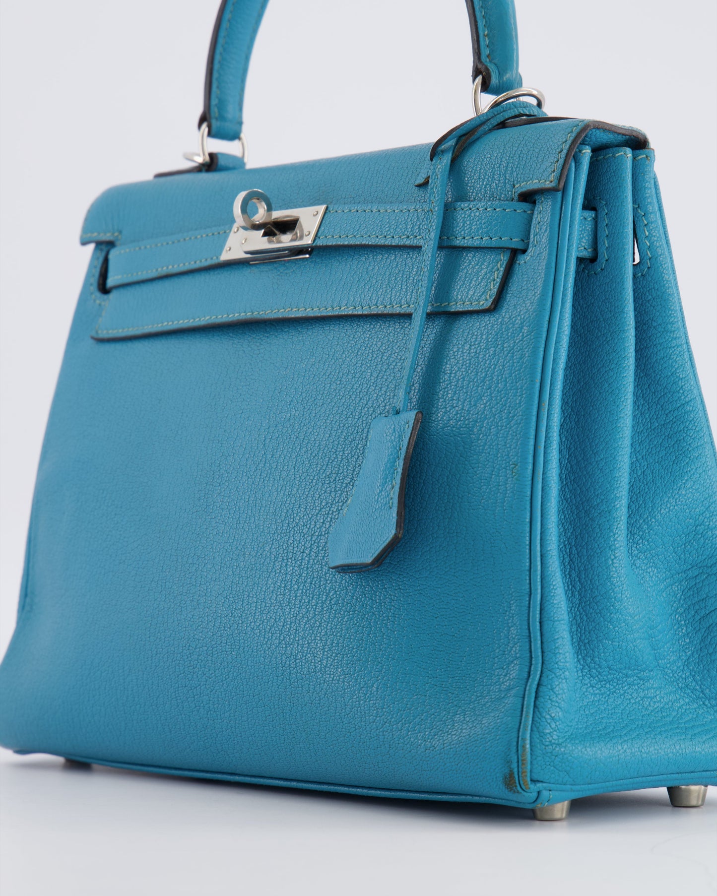 Hermes Kelly 25 Retourne Bag in Bleu Paon Evercolor Leather with Palladium Hardware