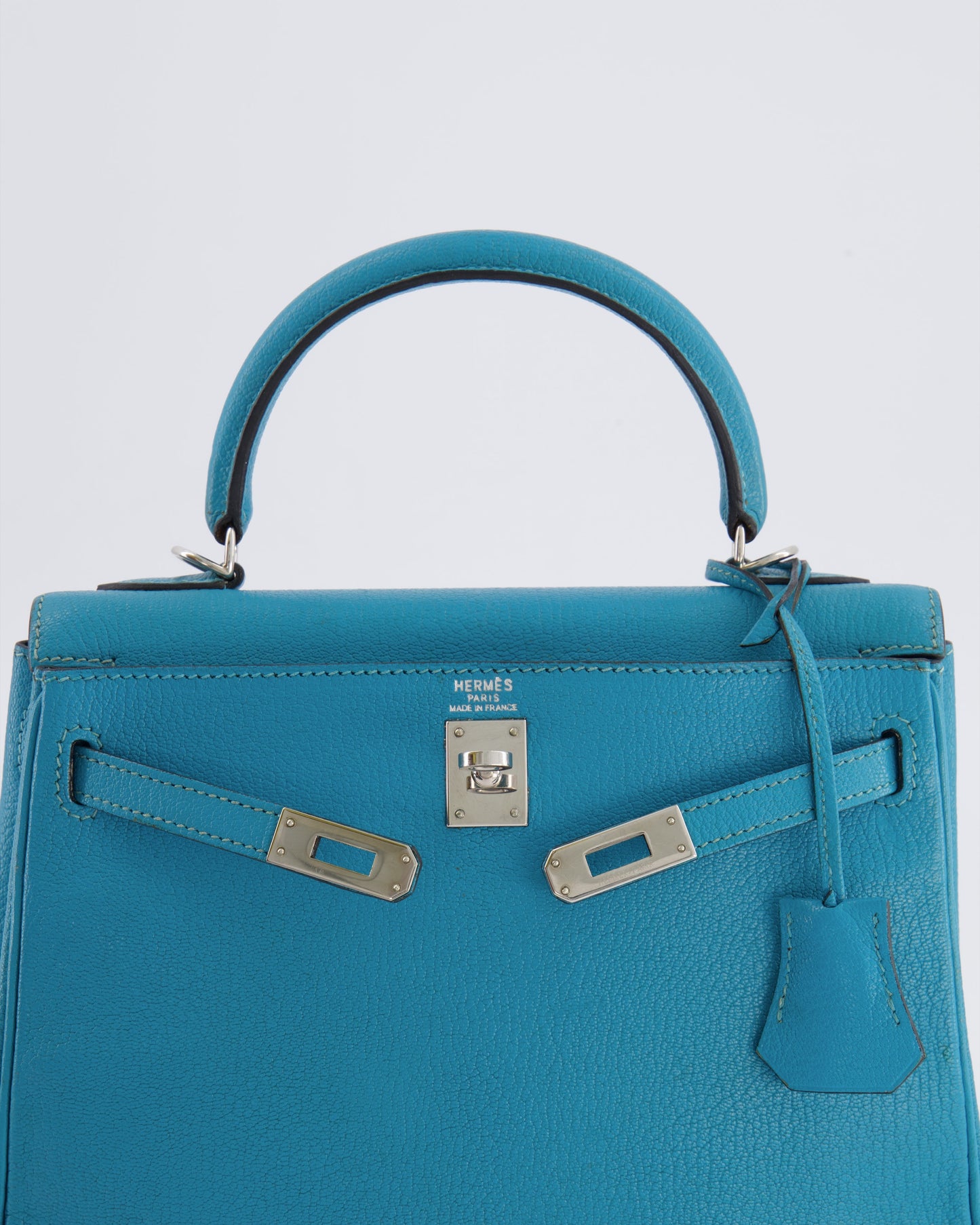 Hermes Kelly 25 Retourne Bag in Bleu Paon Evercolor Leather with Palladium Hardware
