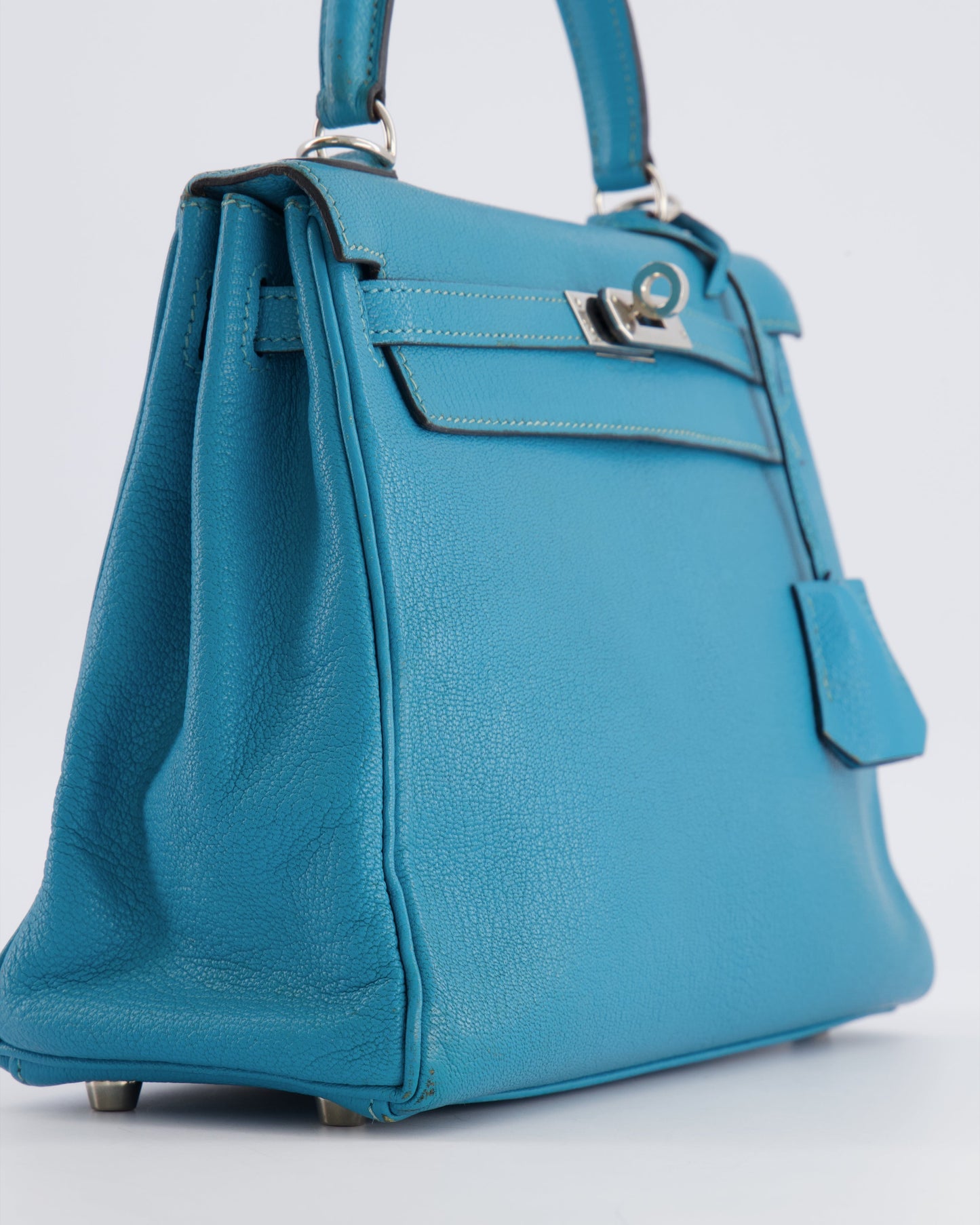 Hermes Kelly 25 Retourne Bag in Bleu Paon Evercolor Leather with Palladium Hardware