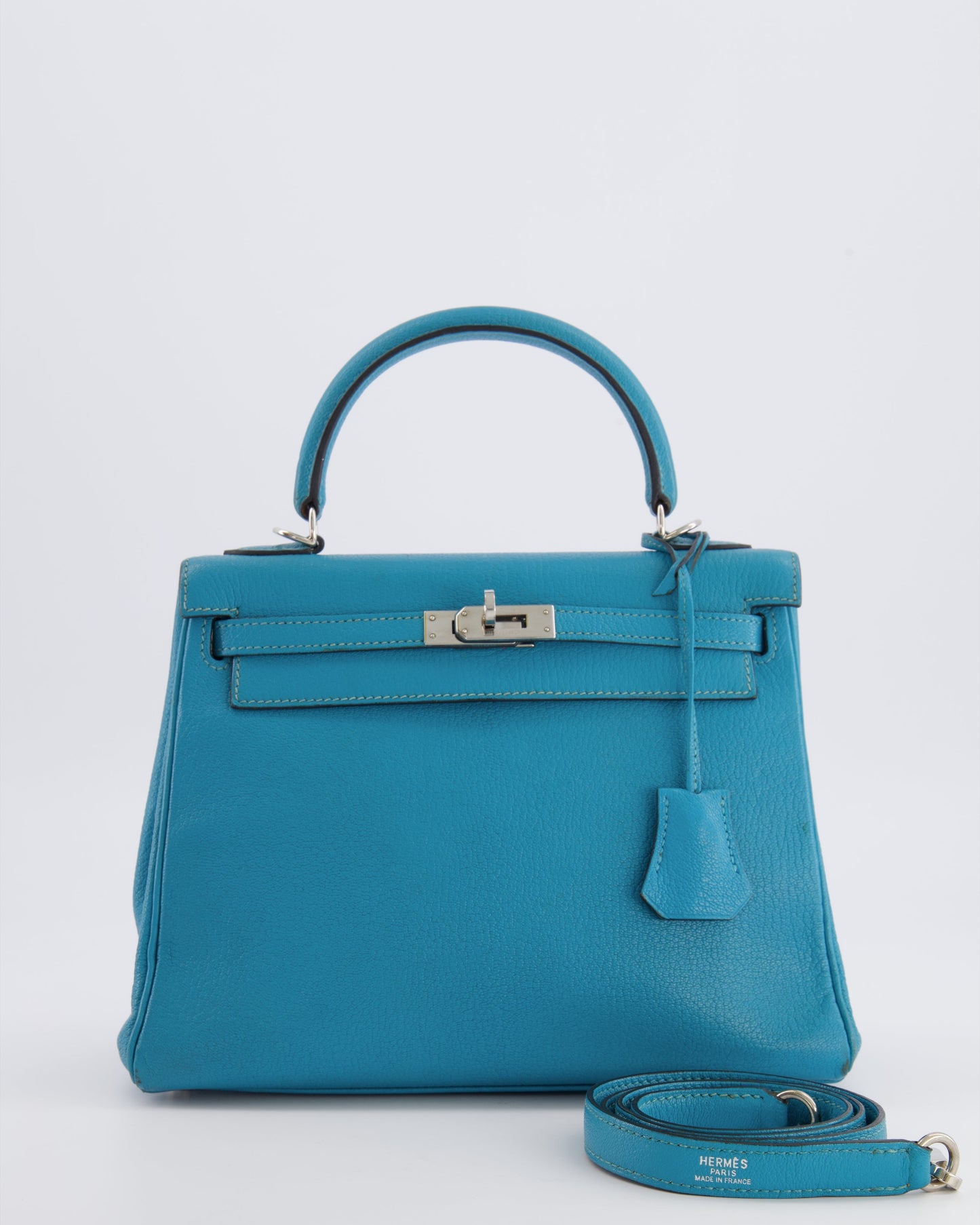 Hermes Kelly 25 Retourne Bag in Bleu Paon Evercolor Leather with Palladium Hardware