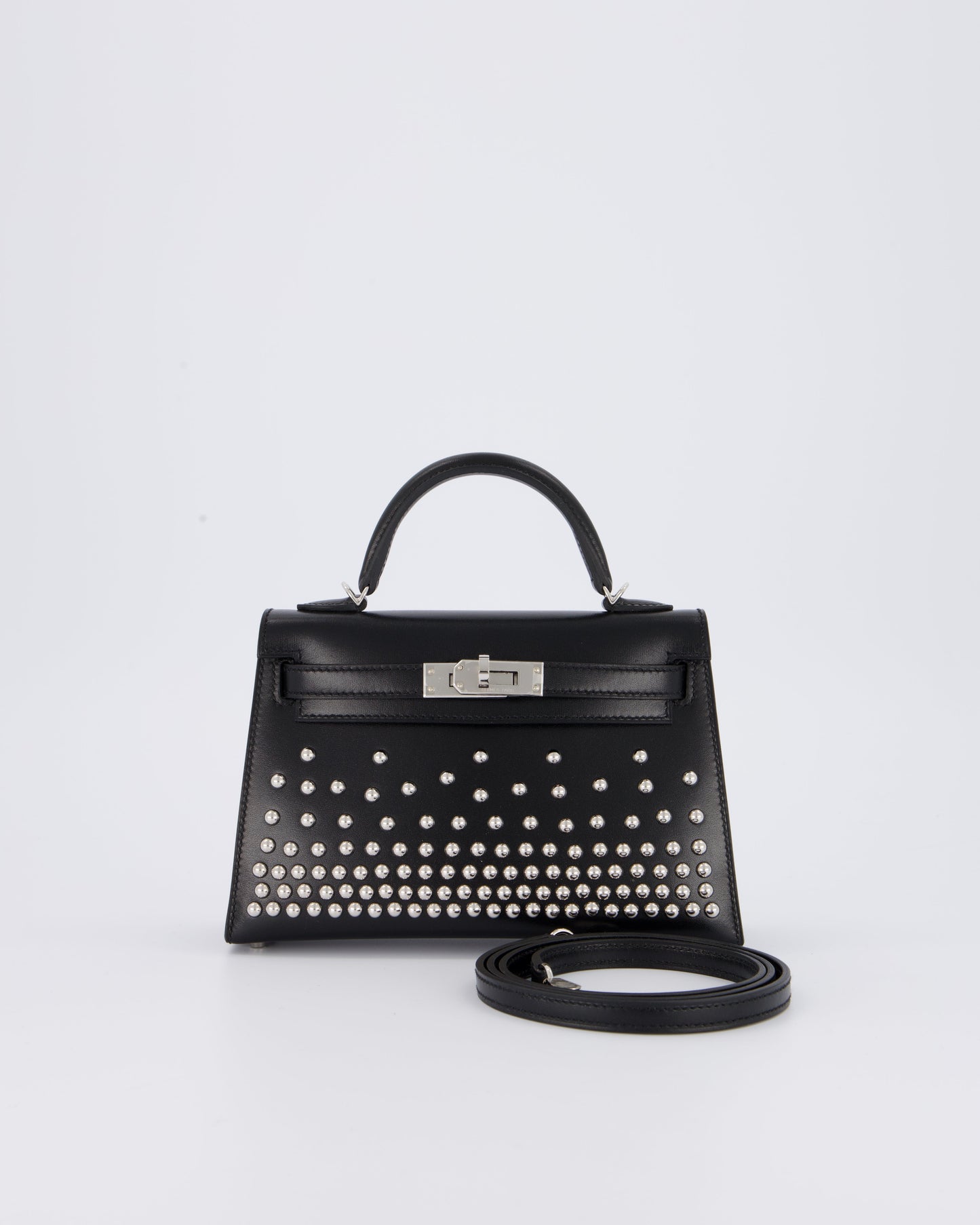 *SUPER RARE & HOT* Hermes Mini Kelly II 20 Clouté Bag in Noir Box Calf Leather with Palladium Hardware & Studs