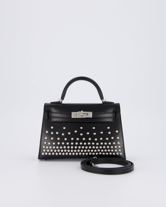 *SUPER RARE & HOT* Hermes Mini Kelly II 20 Clouté Bag in Noir Box Calf Leather with Palladium Hardware & Studs