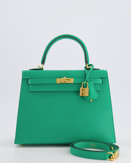Hermes Kelly 25 Sellier Bag in Menthe Chèvre Chamkila Leather with Gold Hardware