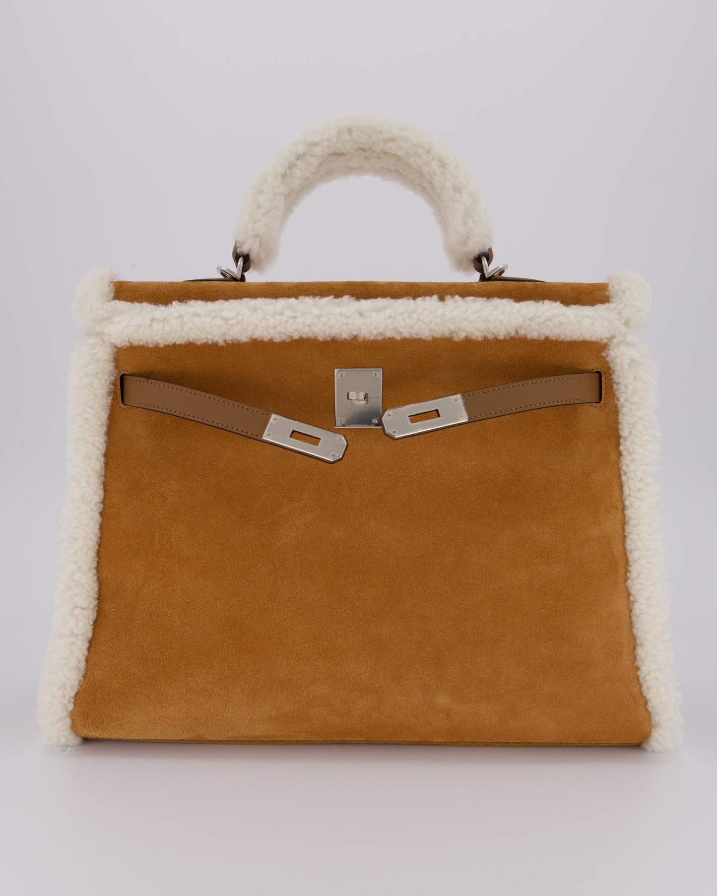 Hermes Kelly 35 Teddy Plush Grizzly Bag in Alezan Swift Leather, Ecru Plush & Chamois Grizzly Suede Leather with Palladium Hardware