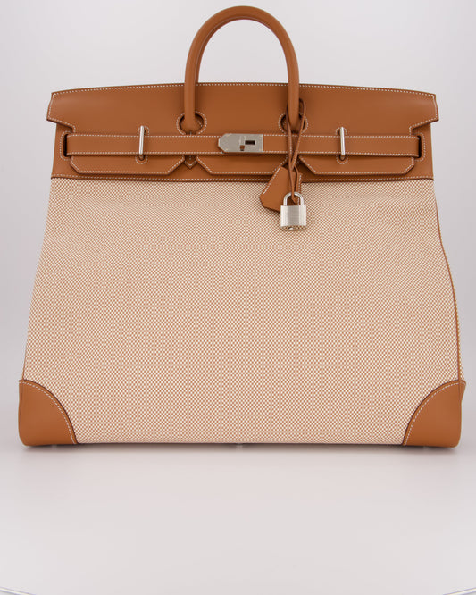 *RARE* Hermes Haut à Courroies HAC 50 Bag in Gold Evercolour Leather & Écru/Beige Toile Cross Canvas with Palladium Hardware