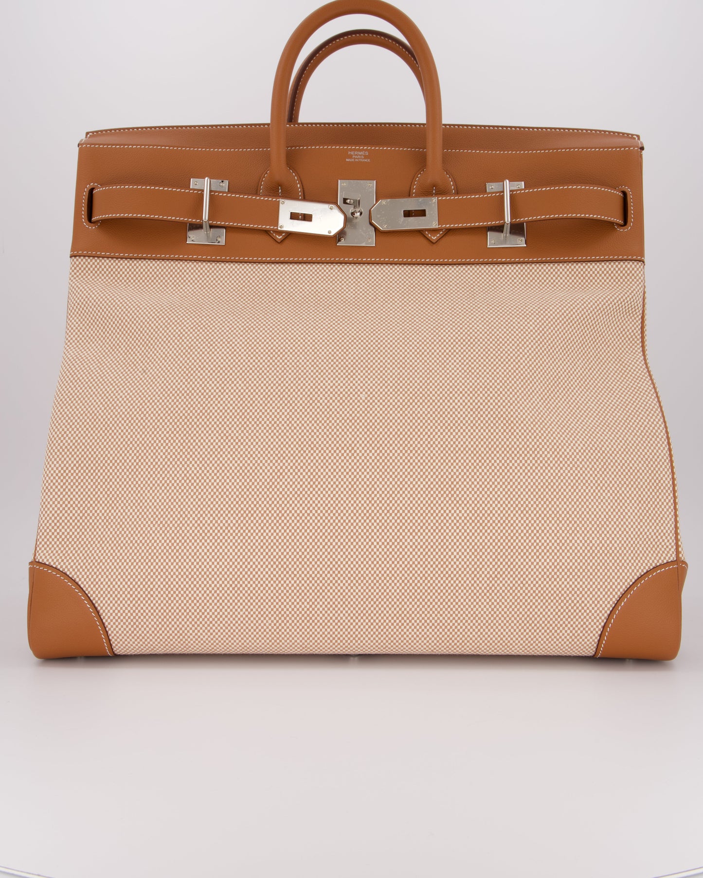 *RARE* Hermes Haut à Courroies HAC 50 Bag in Gold Evercolour Leather & Écru/Beige Toile Cross Canvas with Palladium Hardware