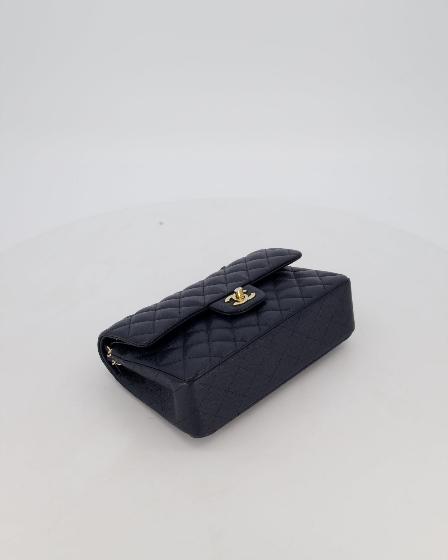 Chanel Navy Small Classic Double Flap Bag in Caviar Leather with Champagne Gold Hardware
