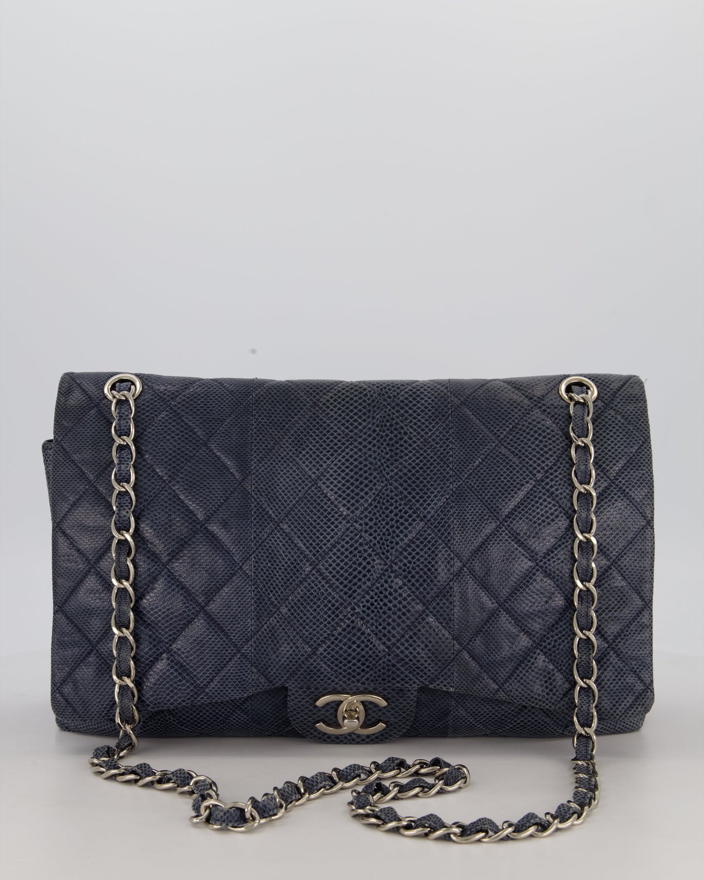 Chanel Blue Classic Maxi Double Flap in Exotic Python Leather with Silver Hardware