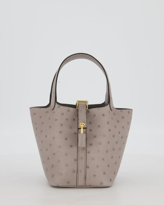 *HOT* Hermes Micro Picotin Lock Bag in Gris Mouette Ostrich Leather with Gold Hardware