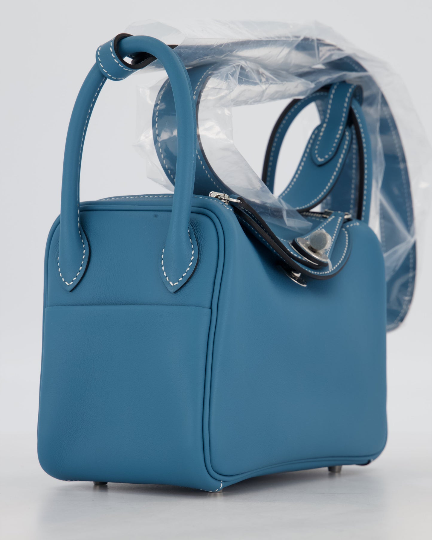 Hermes Mini Lindy Bag in Bleu Jean Swift Leather with Palladium Hardware