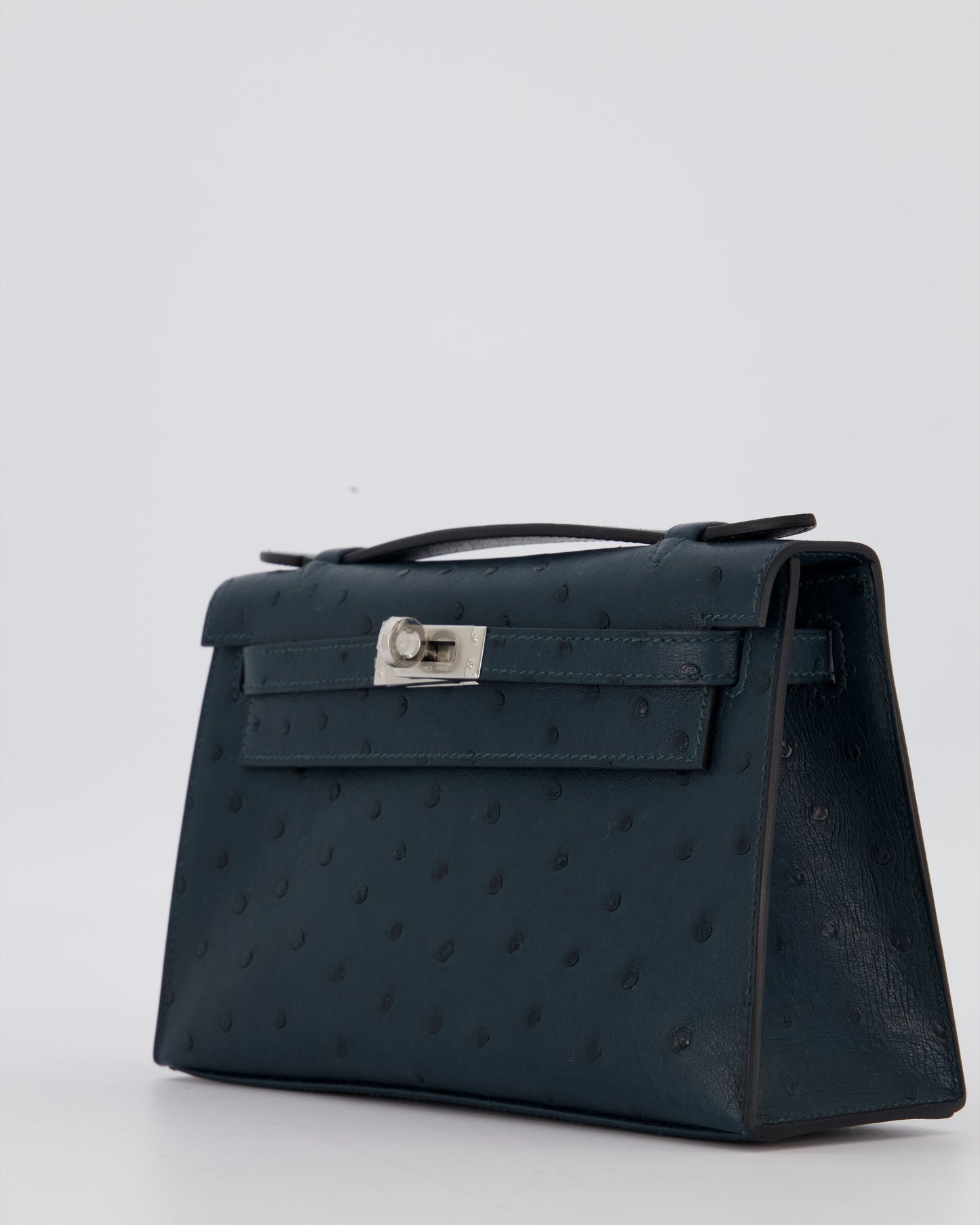 *SUPER RARE* Hermes Mini Kelly Pochette Bag in Vert Cypres Ostrich Leather with Palladium Hardware