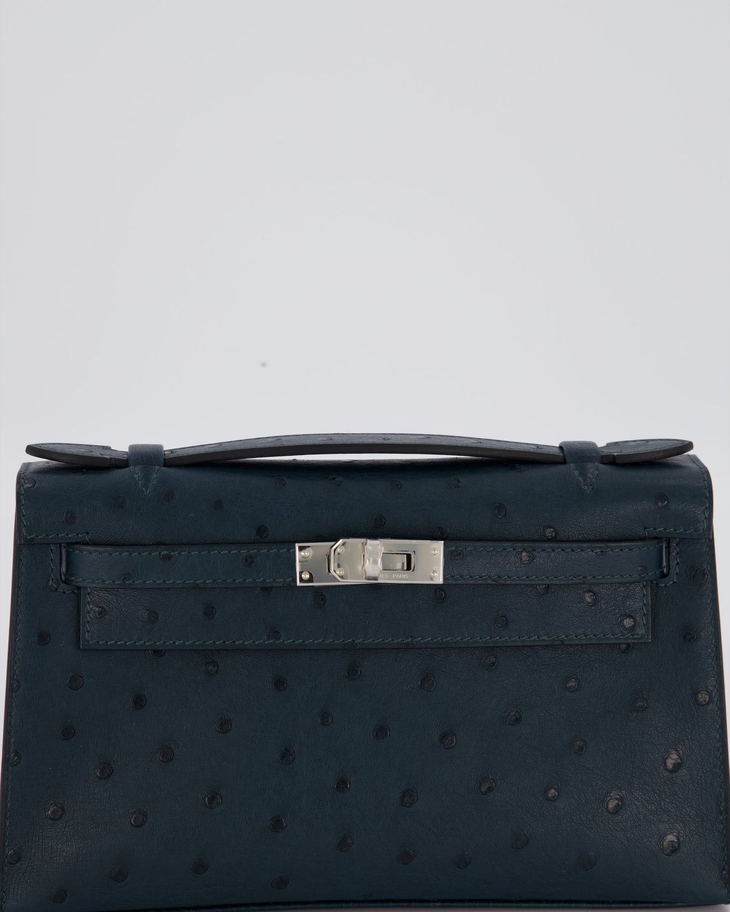 *SUPER RARE* Hermes Mini Kelly Pochette Bag in Vert Cypres Ostrich Leather with Palladium Hardware